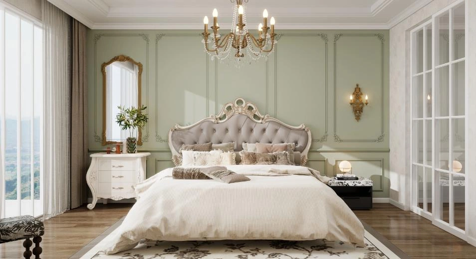 A green luxury master bedroom with white furniture and vintage patterned stools
