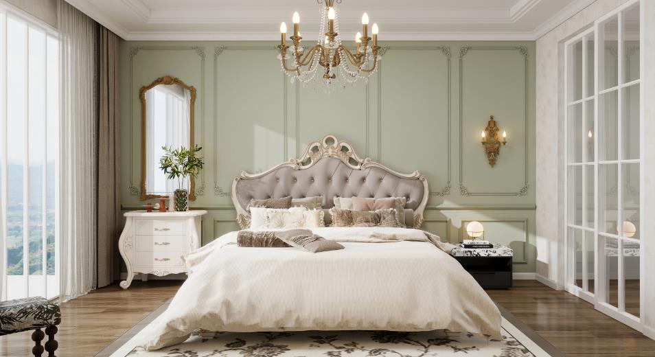 A green luxury master bedroom with white furniture and vintage patterned stools
