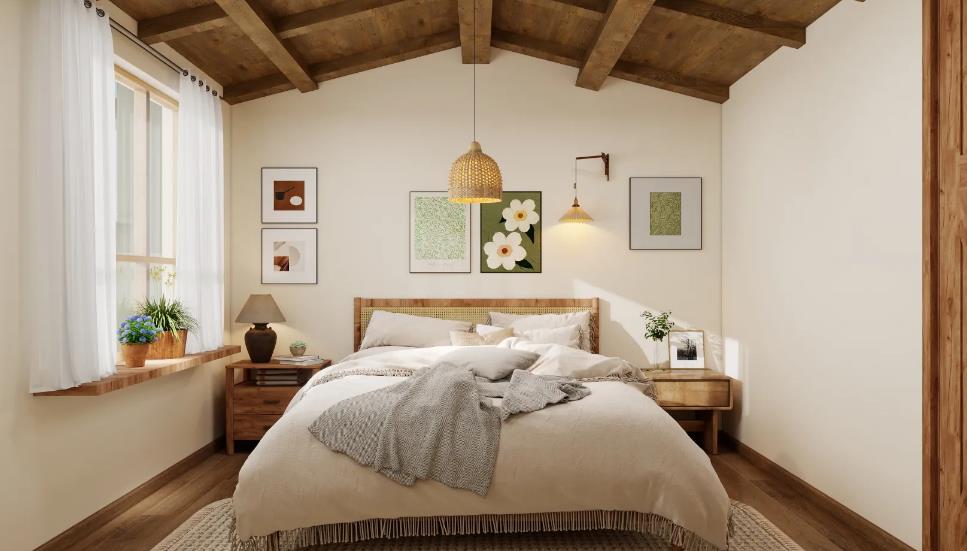 A farmhouse master bedroom with wooden beams and coffee-colored nightstands
