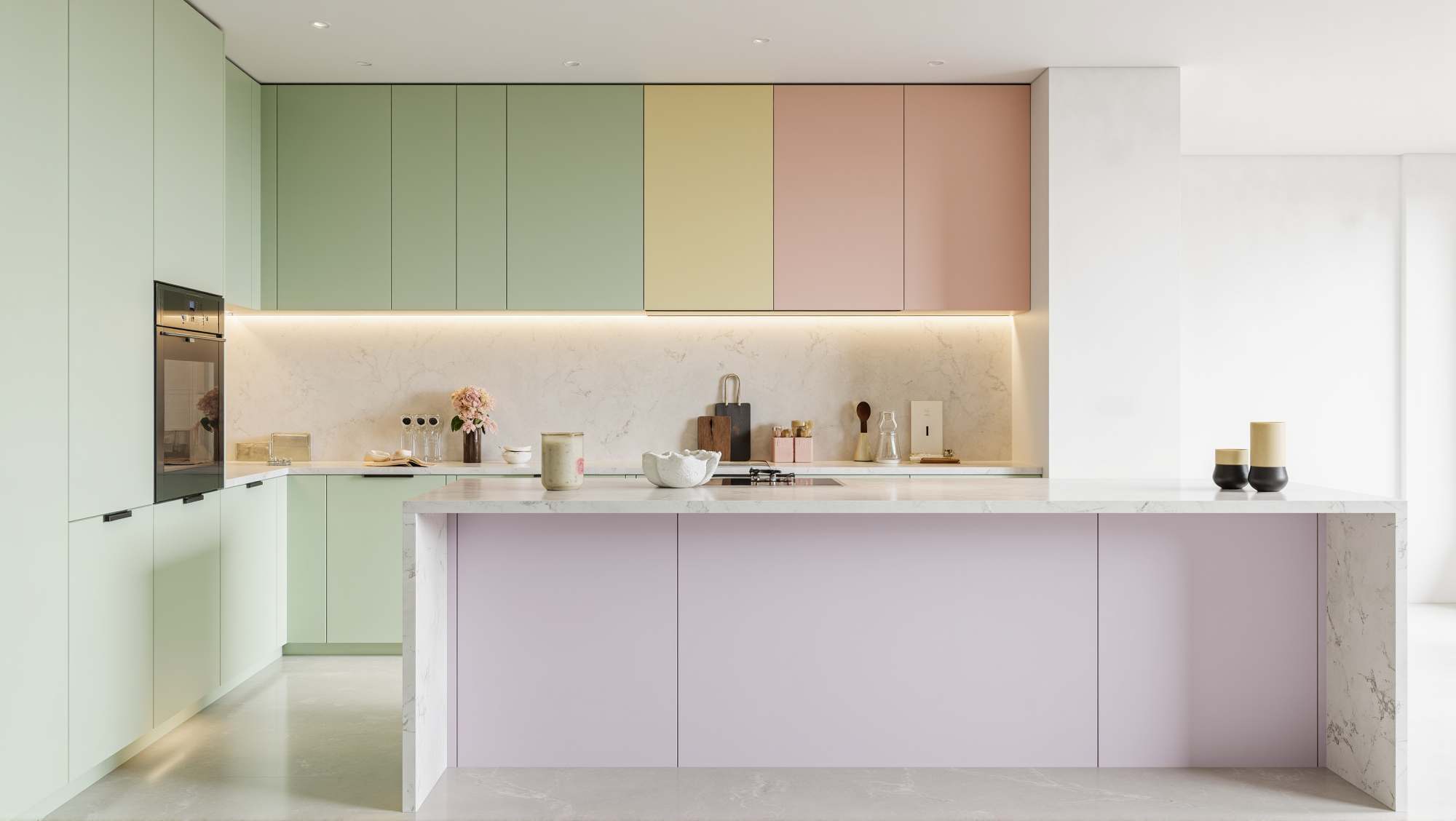 Macaron color scheme in a modern kitchen interior