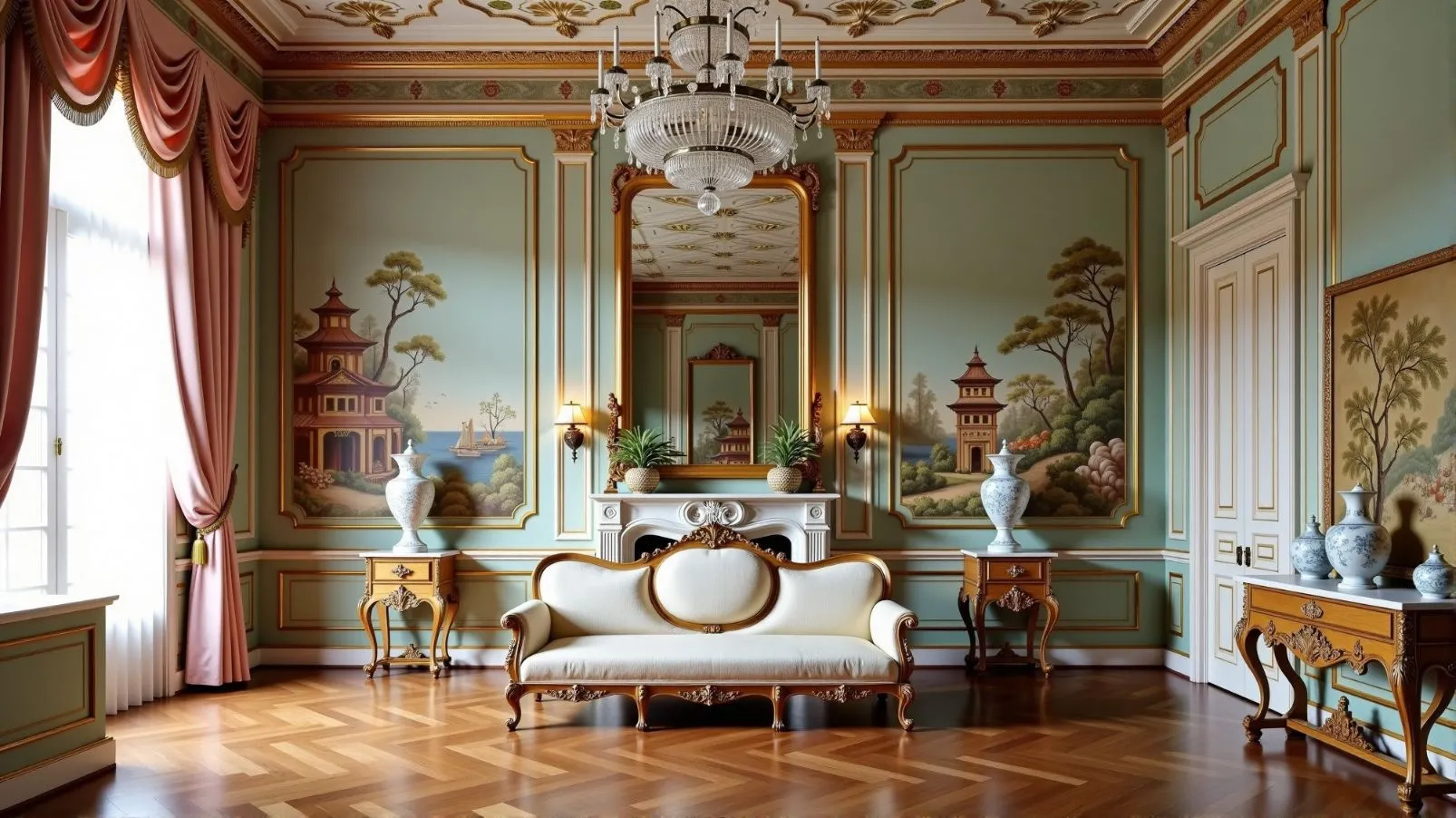 European palace room with chinoiserie wall panels