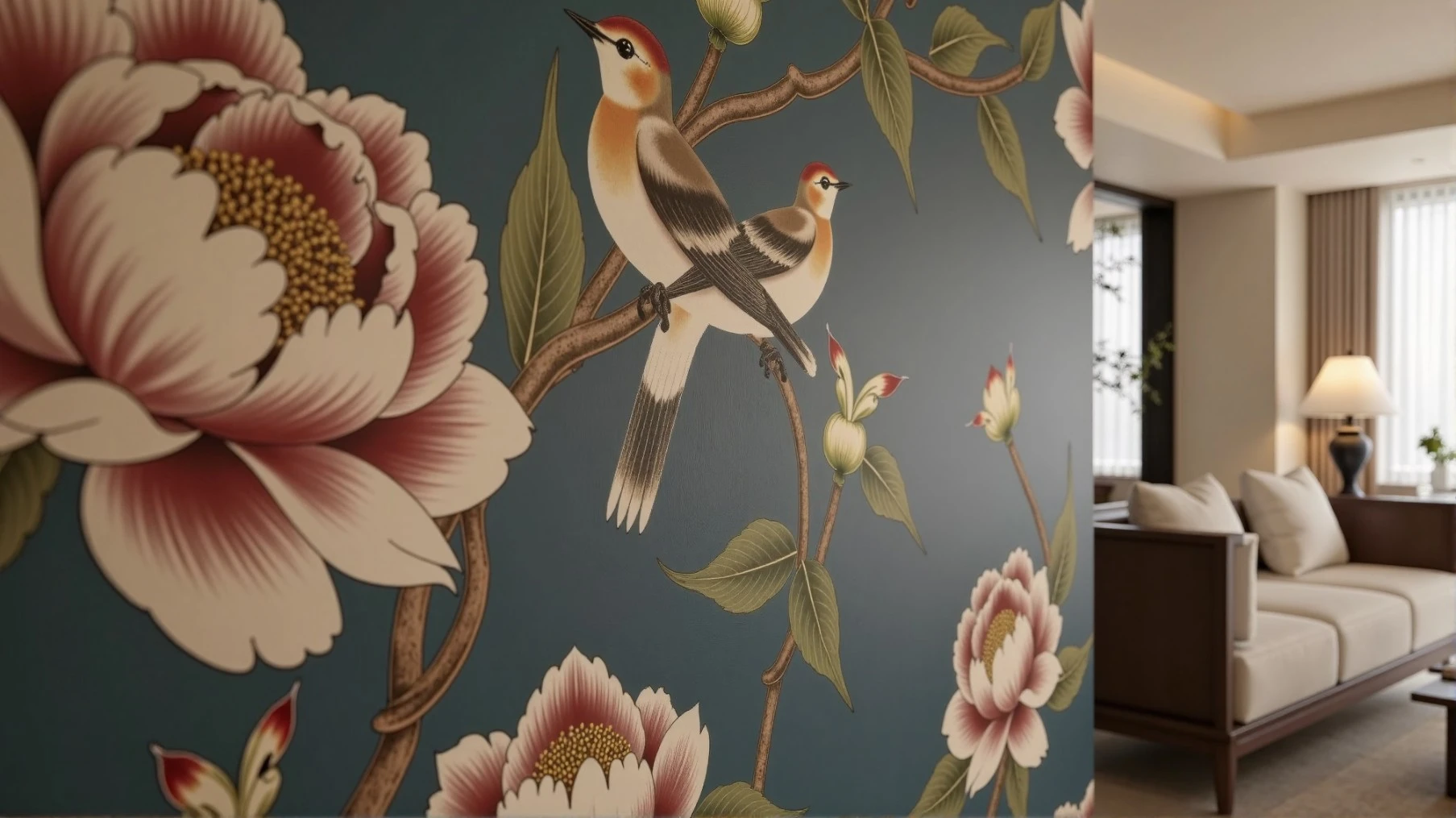 Close-up of chinoiserie pattern with birds and florals
