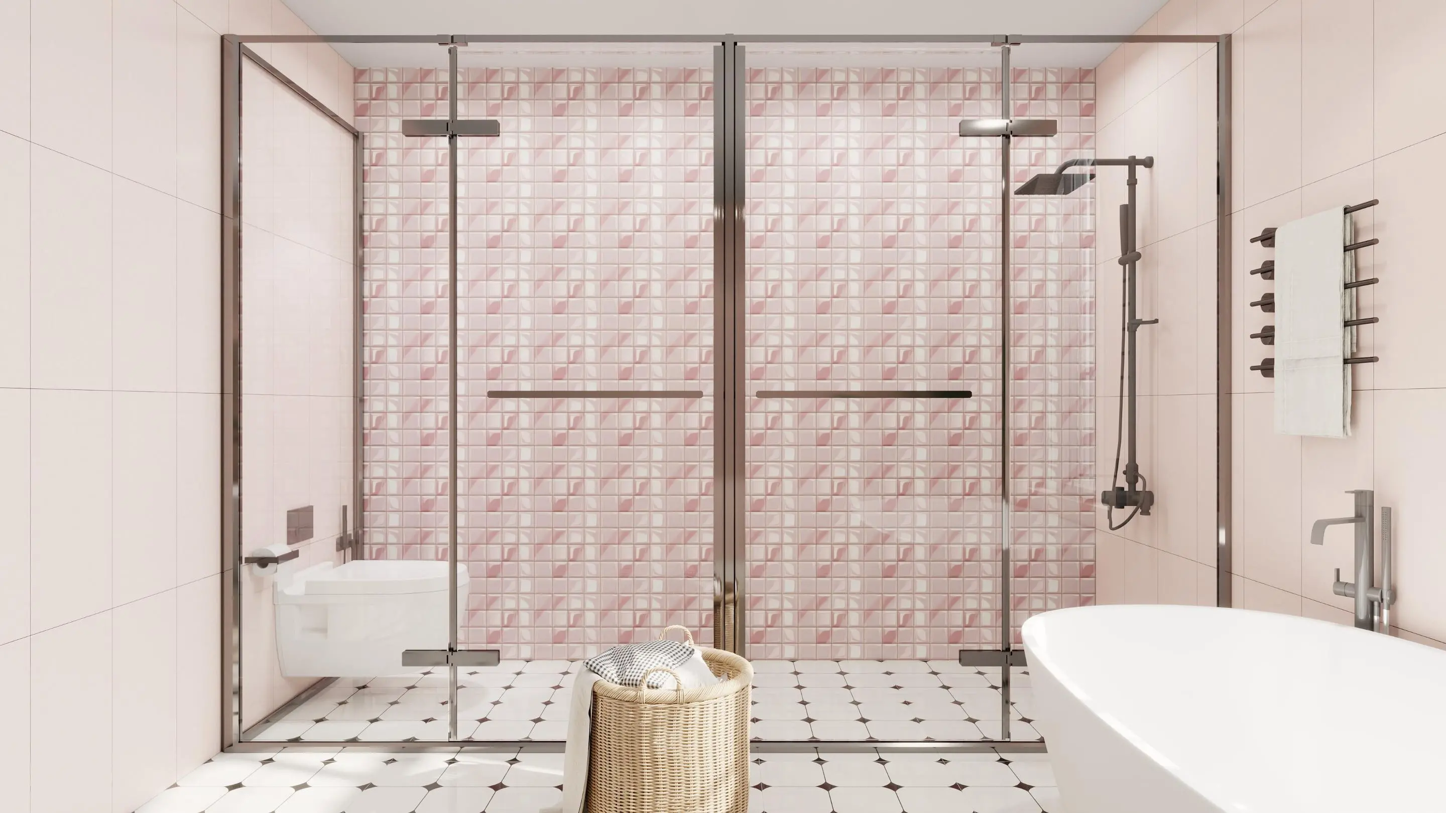 Add a soft touch with pink tiles in the shower area or on the sink background wall