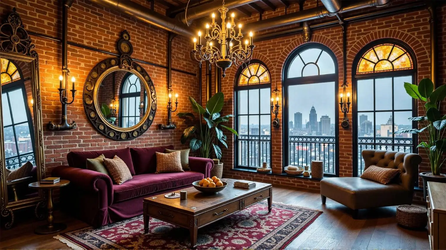 A living room with the neon lights of the southern United States at night