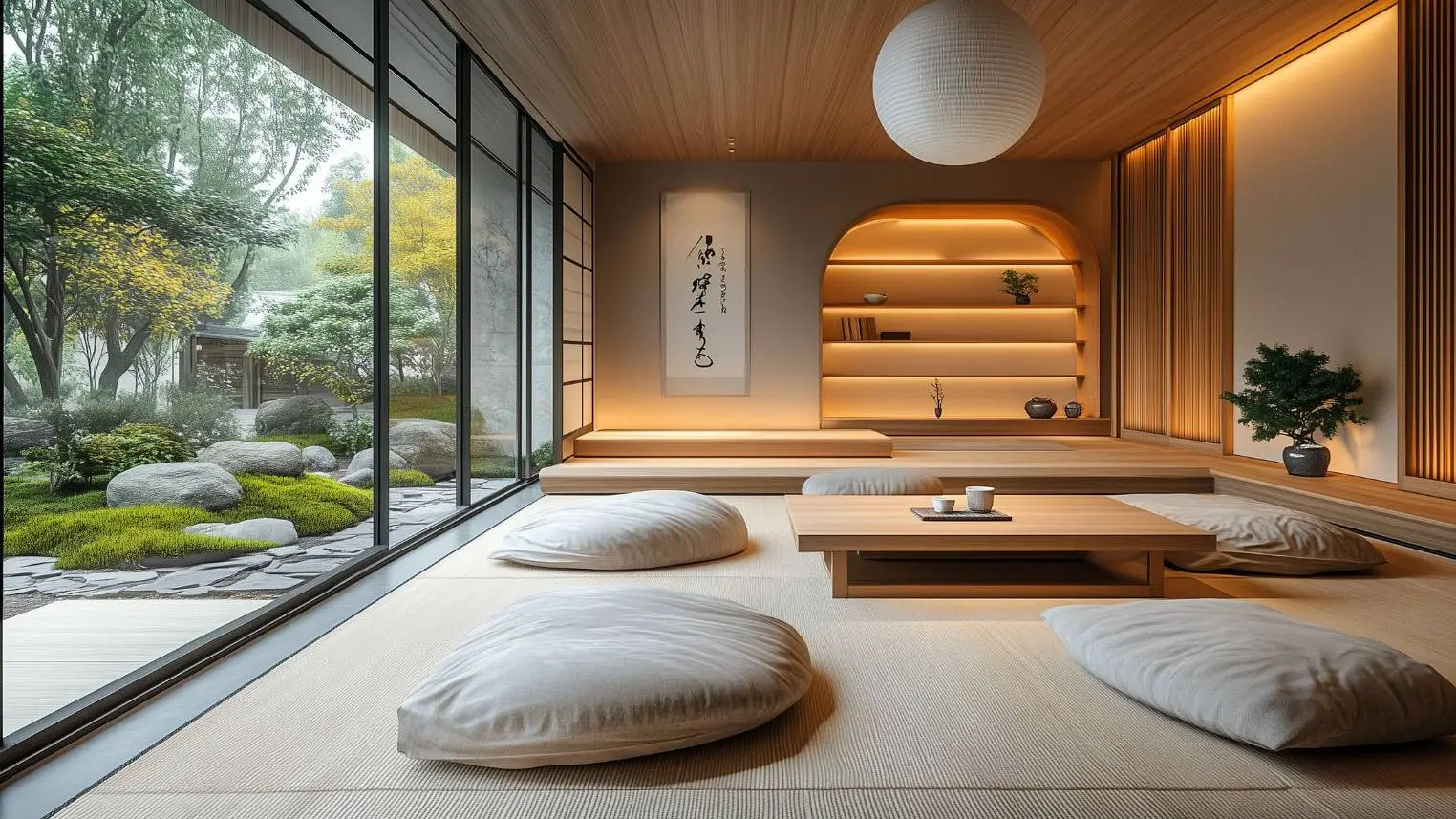 The serene meditation room embodies Eastern aesthetics.
