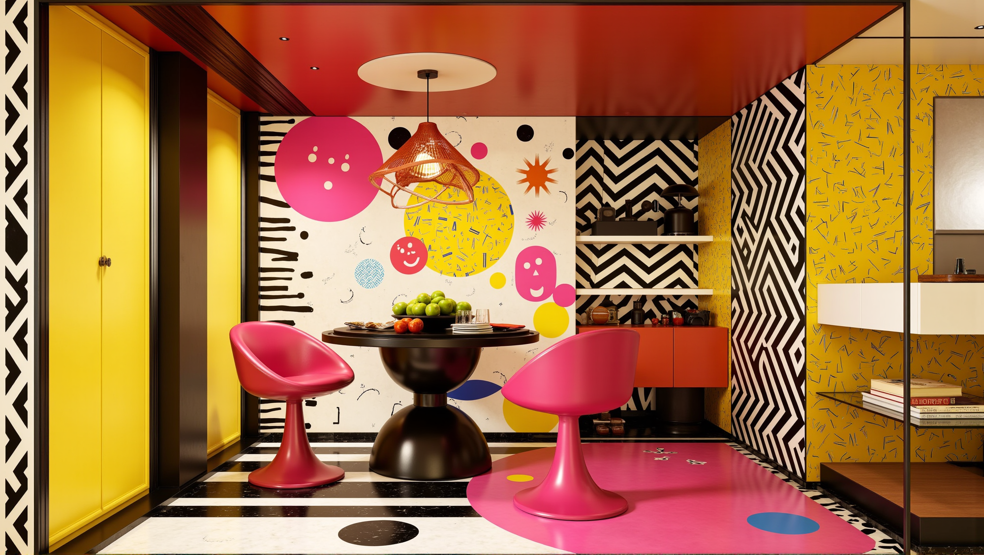 Memphis color scheme with bold geometric patterns