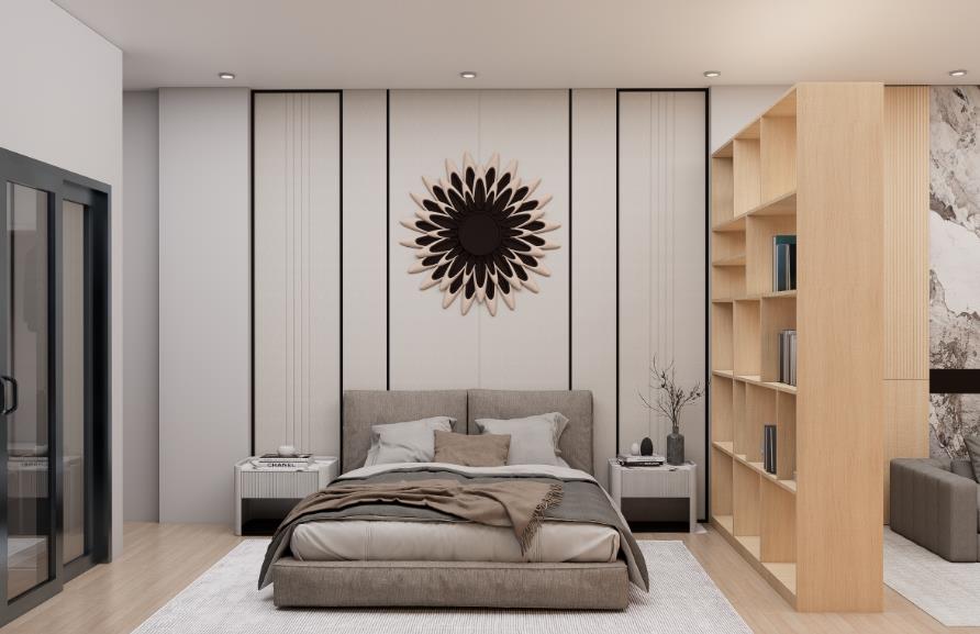 A master bedroom using a large wooden bookshelf as a room divider