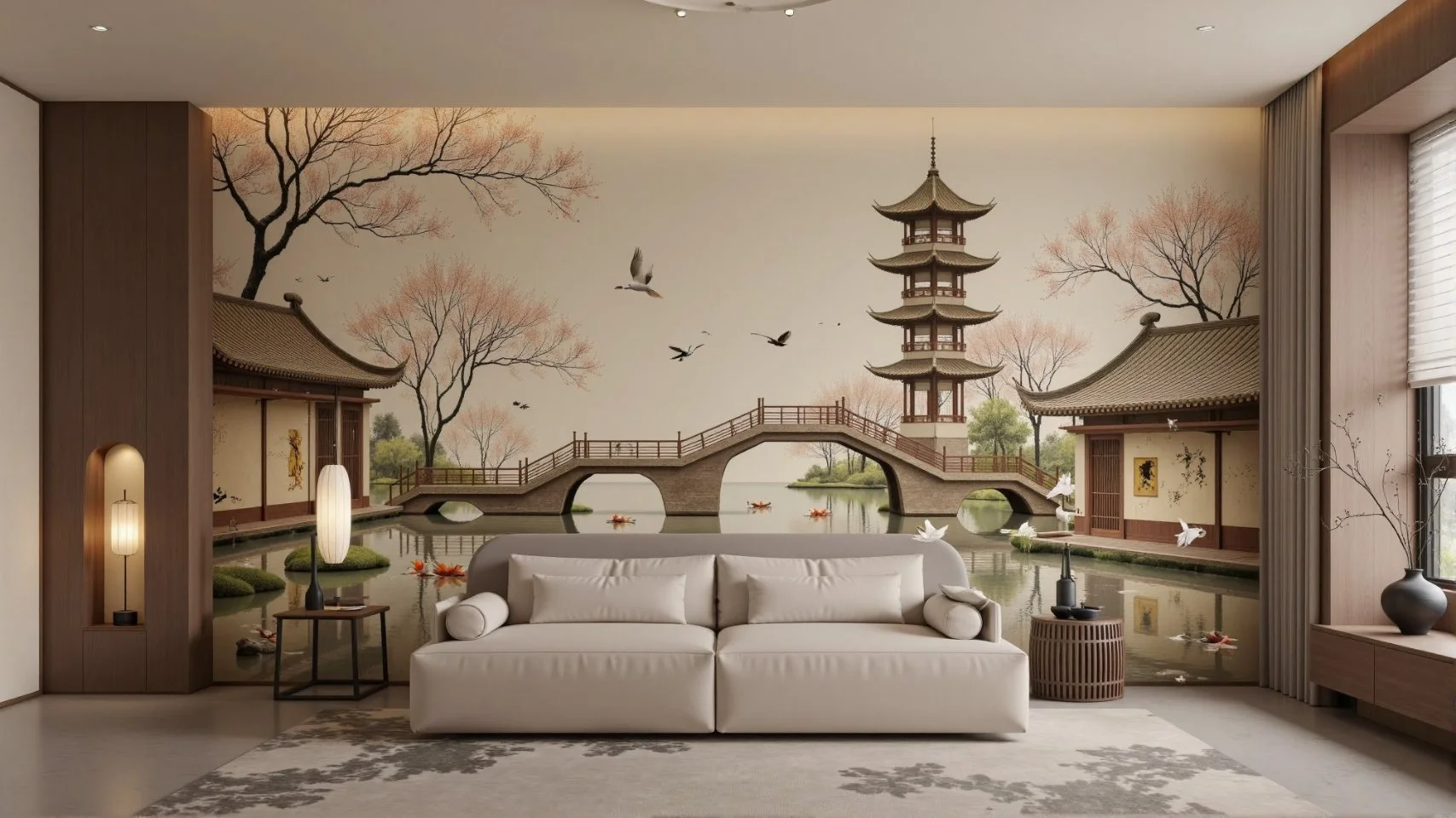 Chinoiserie mural featuring garden and pagoda scene