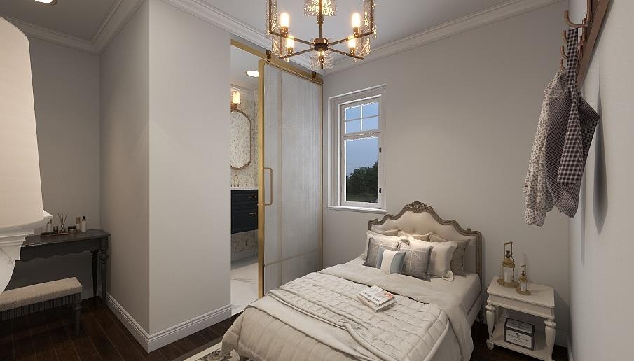 A tiny master bedroom with a floral bathroom and an elegant chandelier