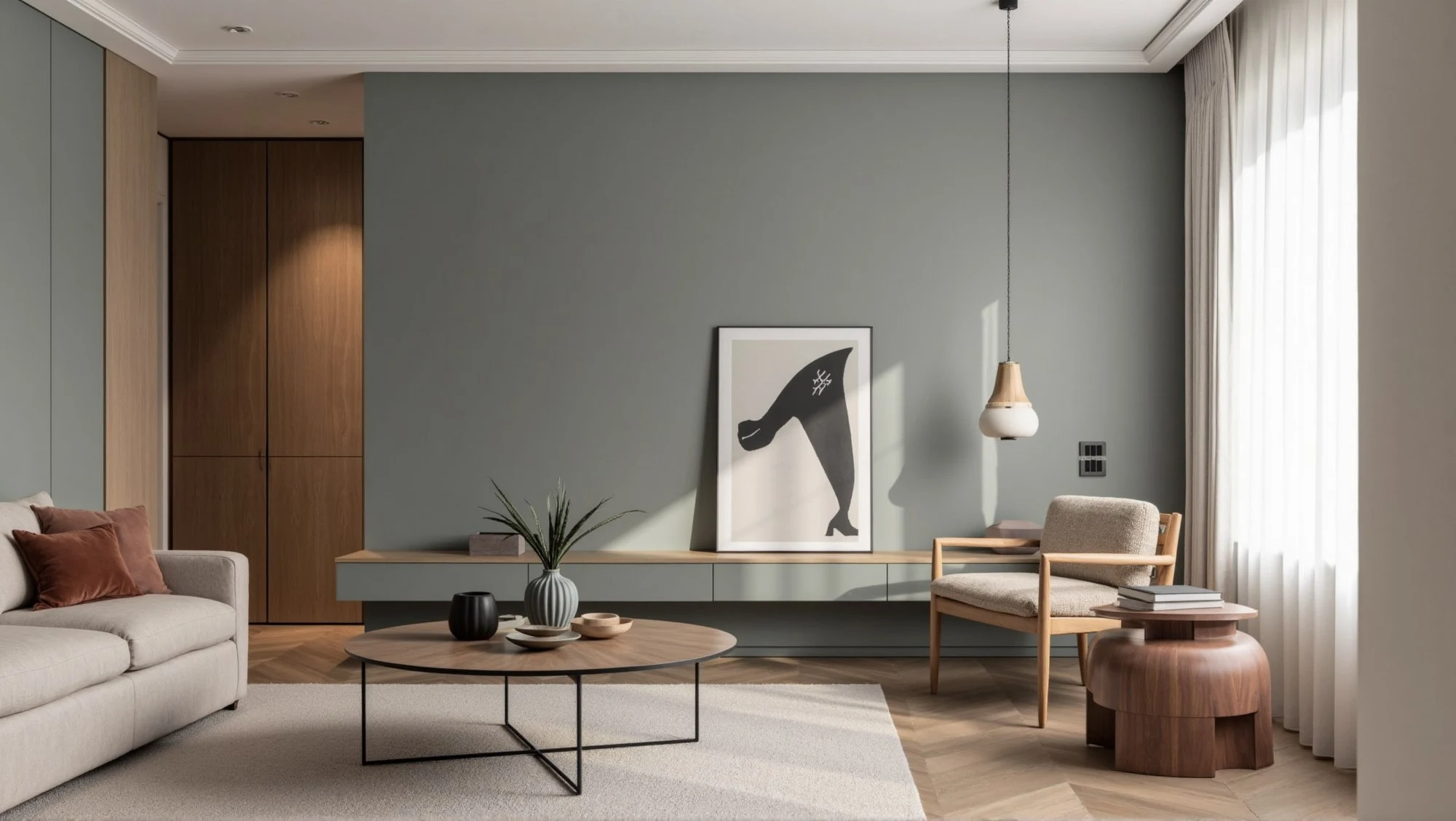 Morandi color scheme in a calm modern living room