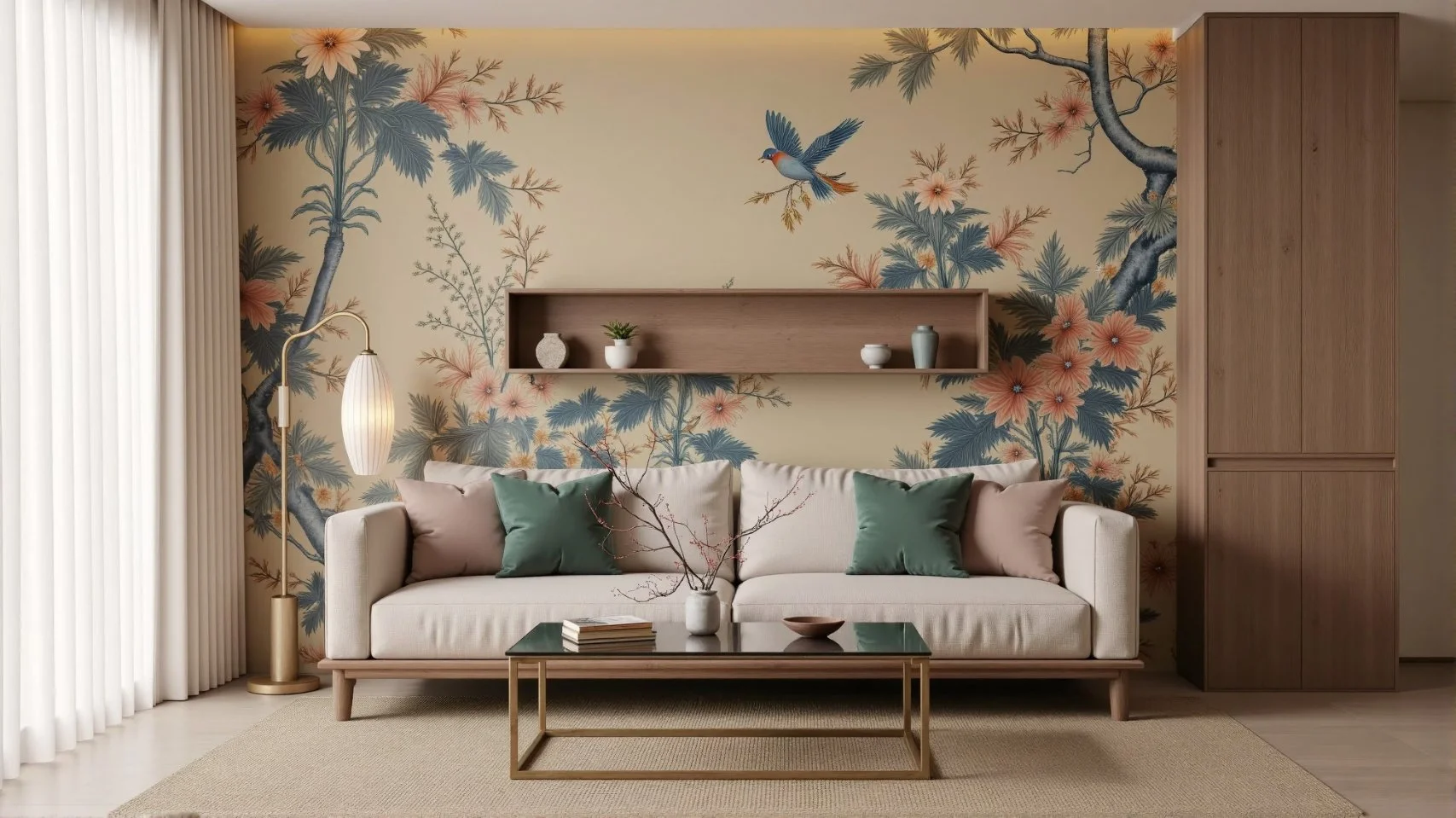 Living room with chinoiserie wallpaper and modern sofa