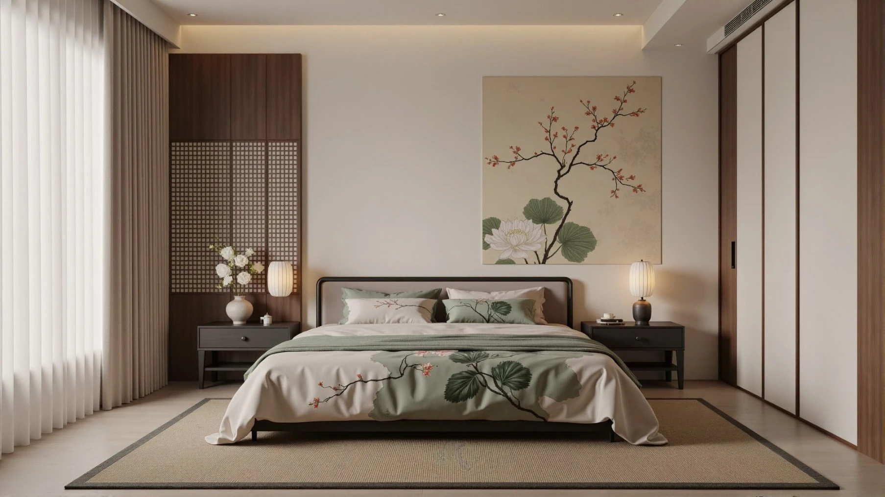 Bedroom with chinoiserie curtains and bedding