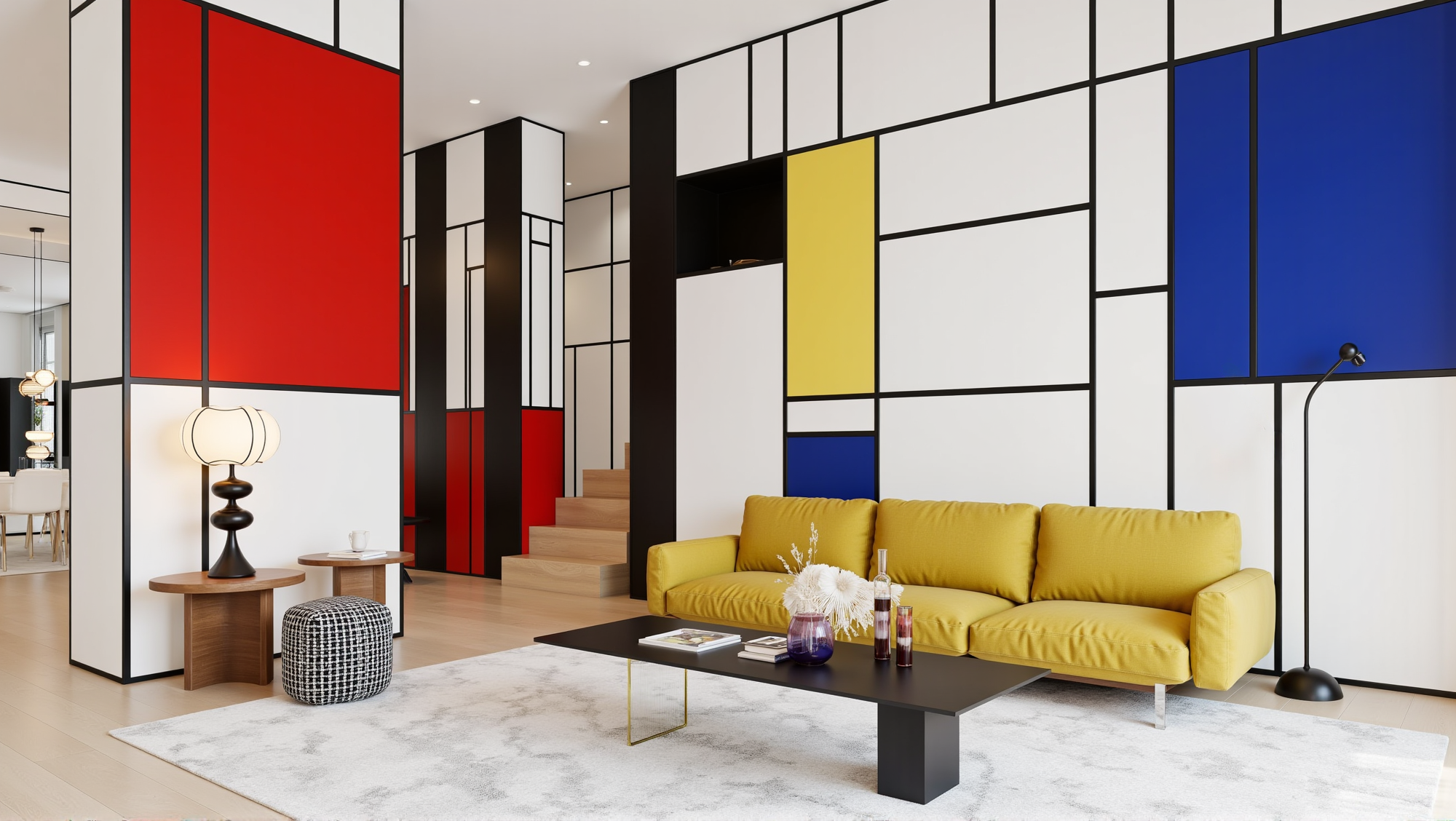 Mondrian color scheme with primary colors and grid lines