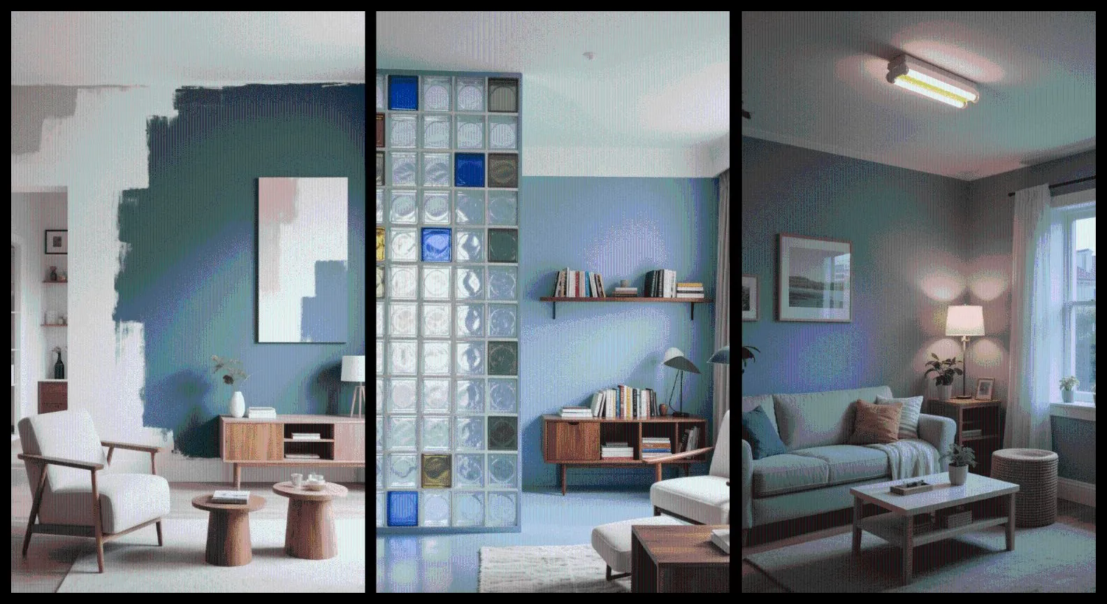 VOC paint + recycled glass bricks + energy-saving lamps