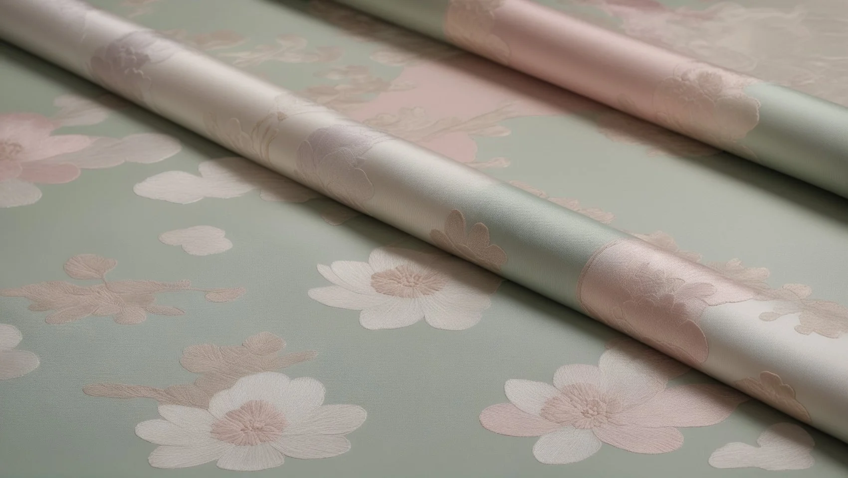 Flat lay of chinoiserie fabrics in pastel tones