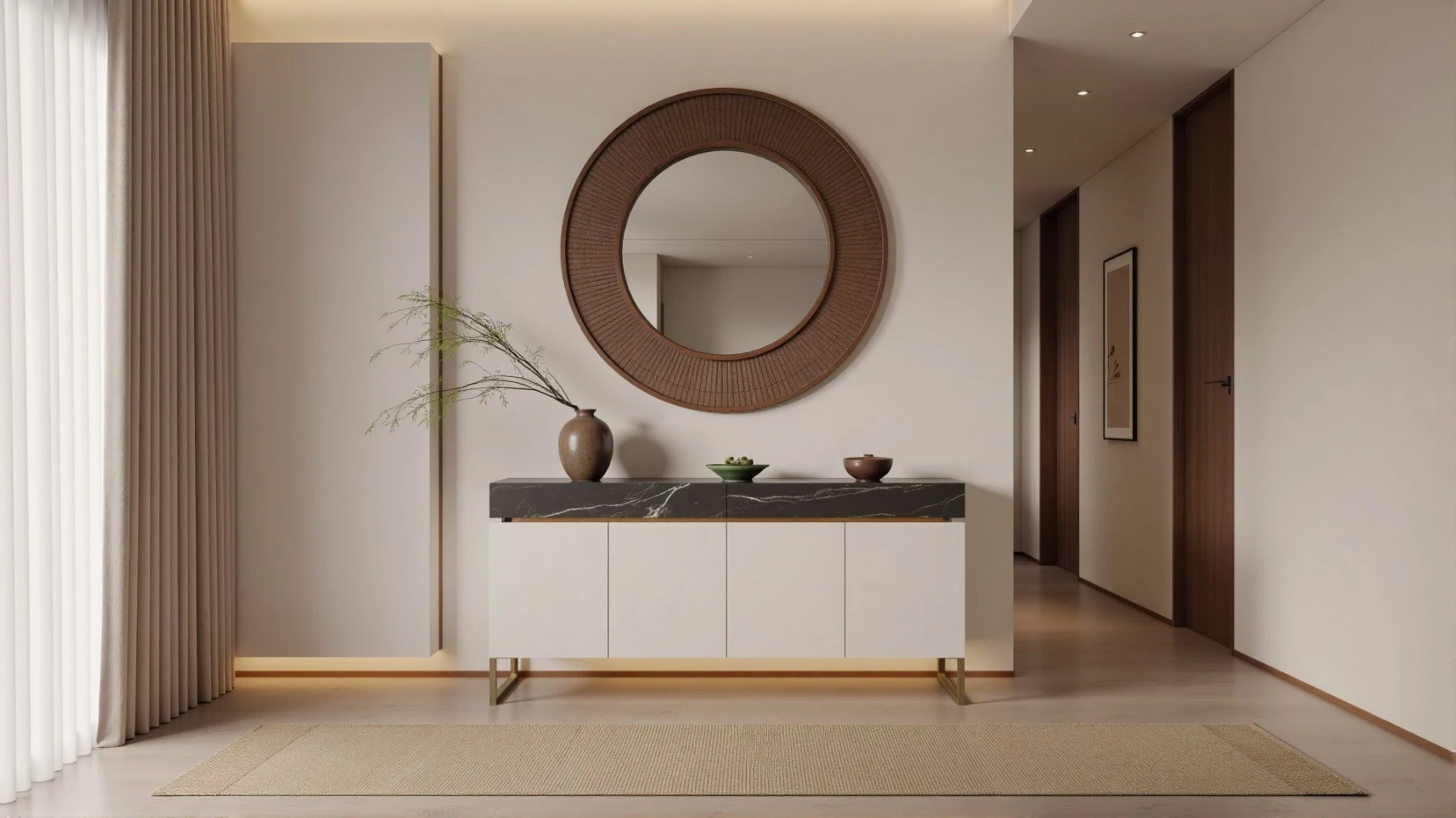 Chinoiserie mirror and modern console in entryway