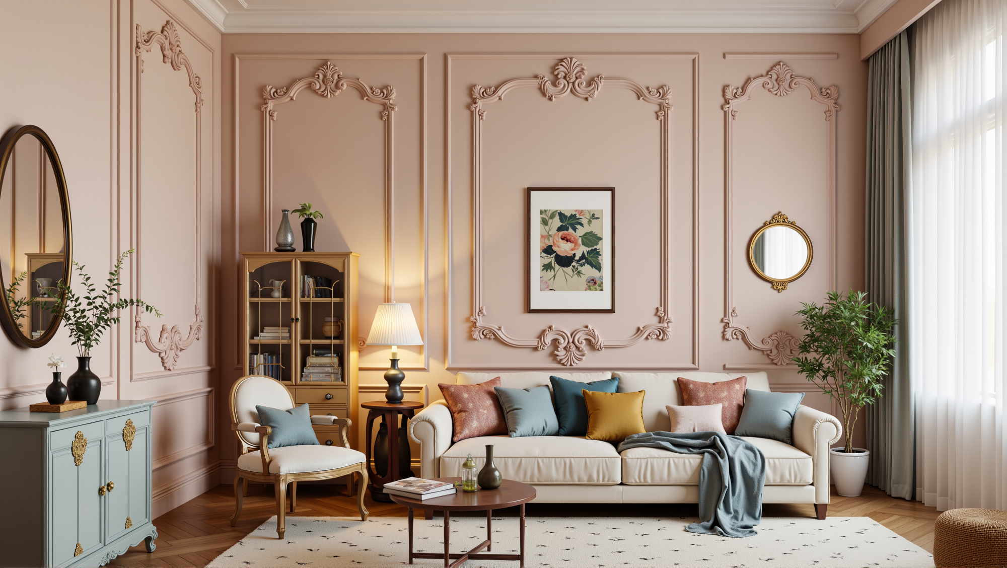 Rococo color scheme with pastel tones and gold accents