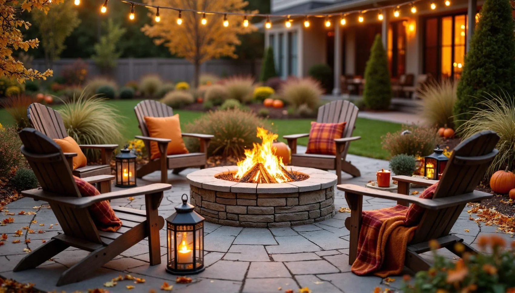 Stone fire pit with Adirondack chairs