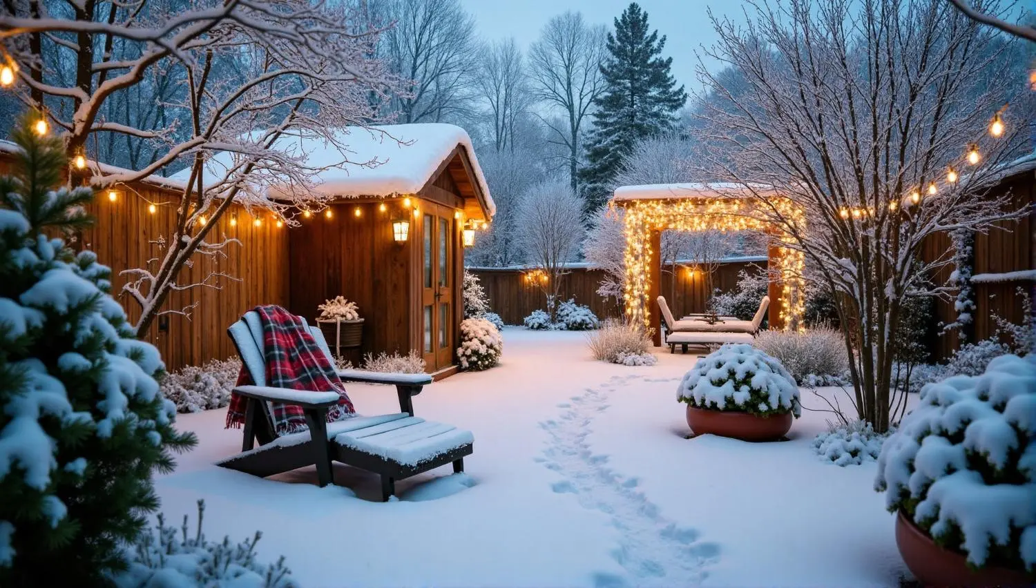 Snow-covered backyard with twinkle lights