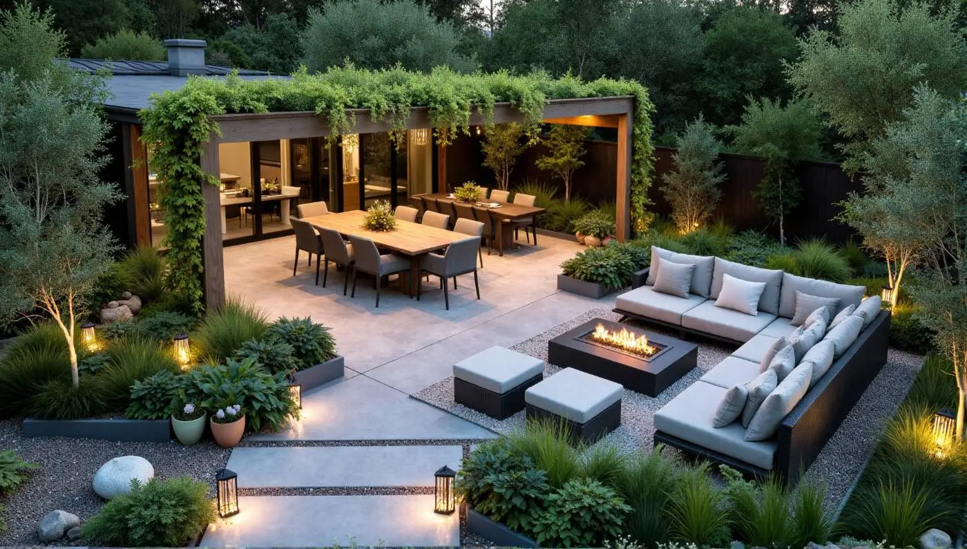 Modular backyard layout with dining and lounge areas