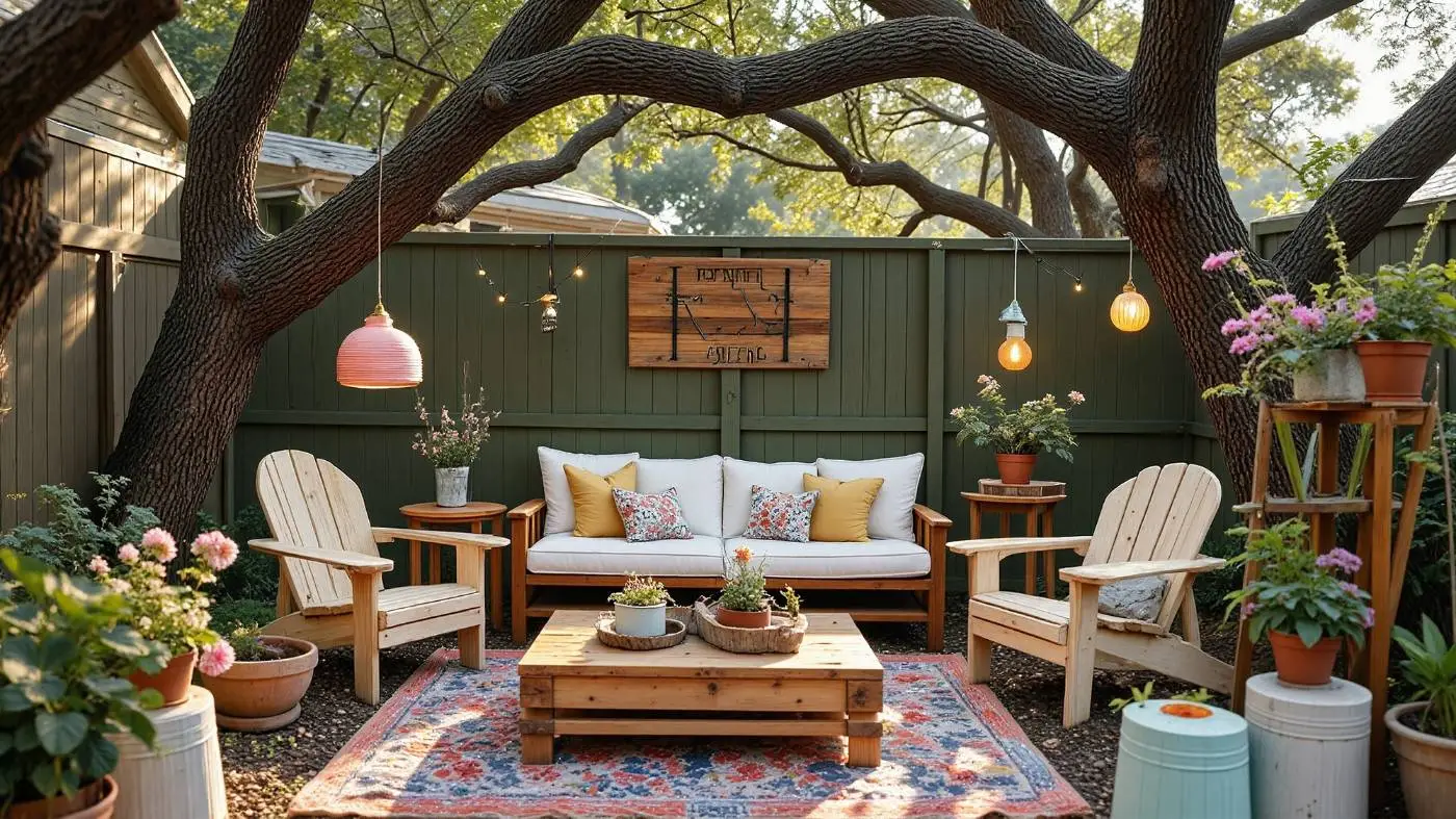 Upcycled backyard furniture and thrifted lights