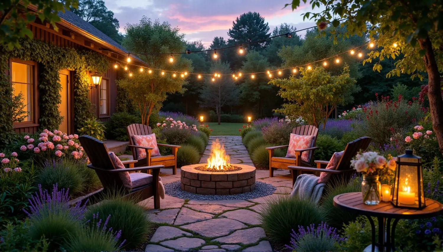 Magical backyard at dusk with fire pit and garden