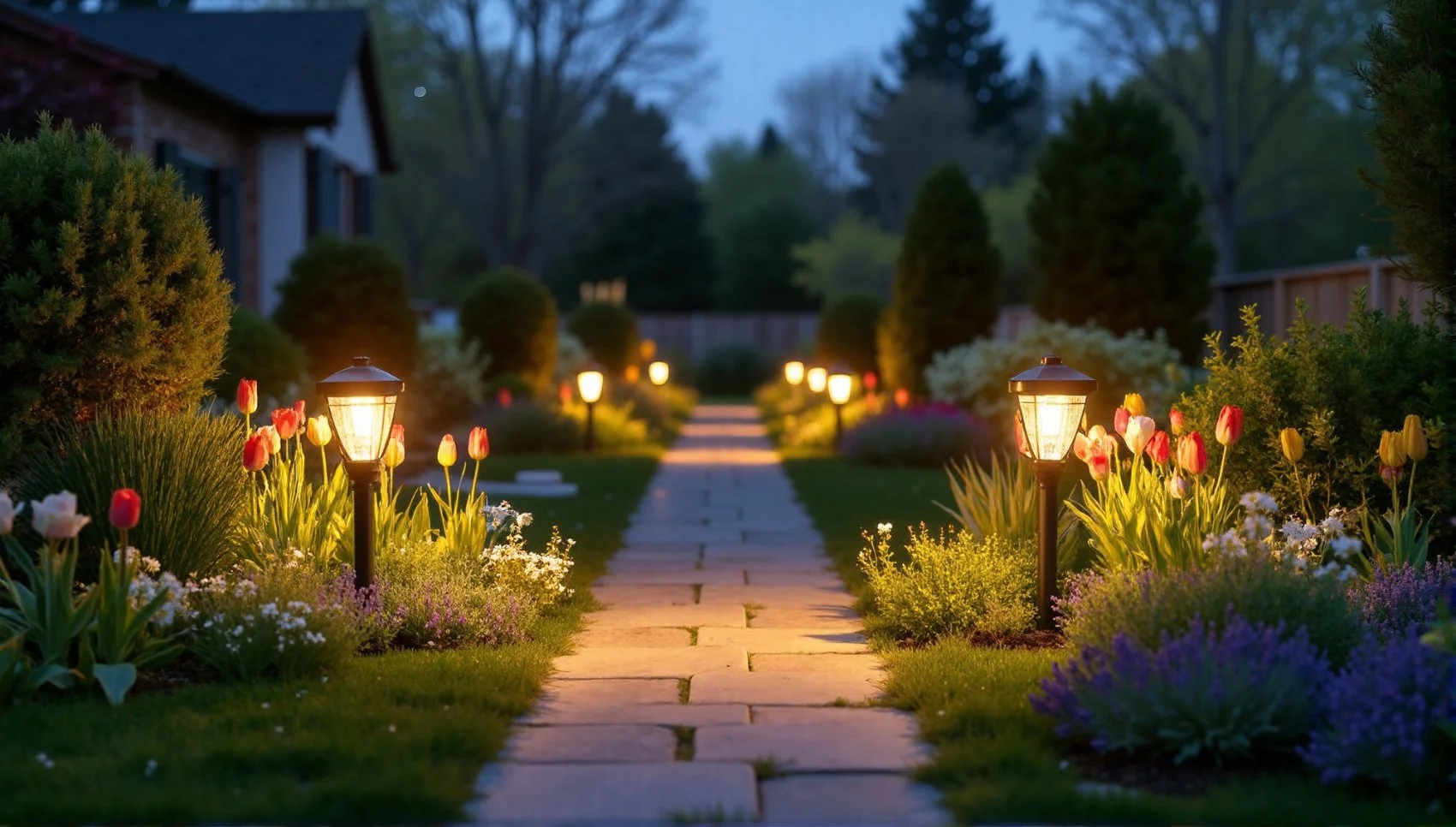 Solar-powered path lights in spring garden