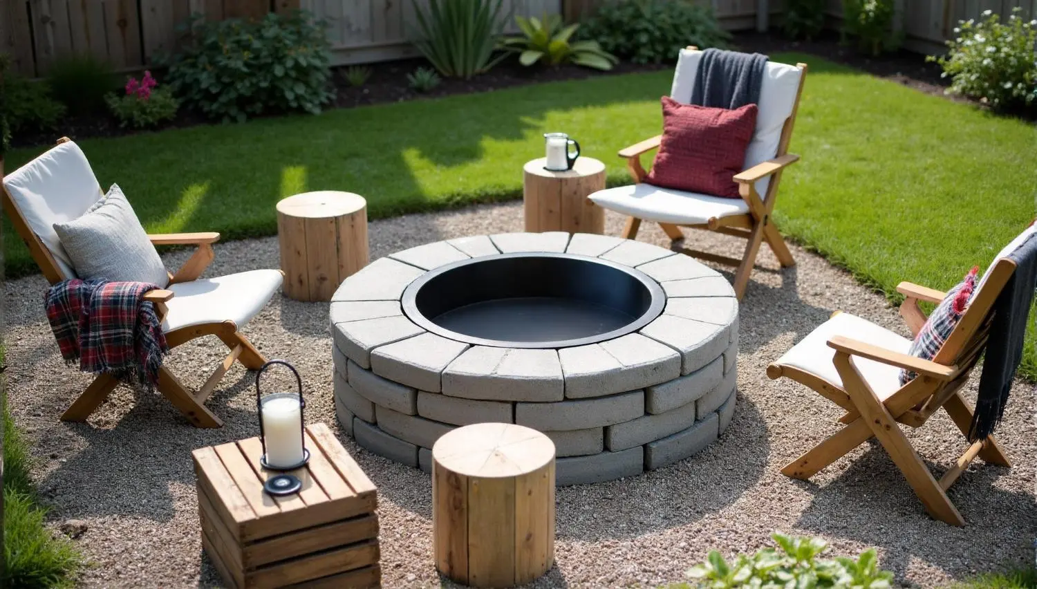 DIY concrete block fire pit in small backyard