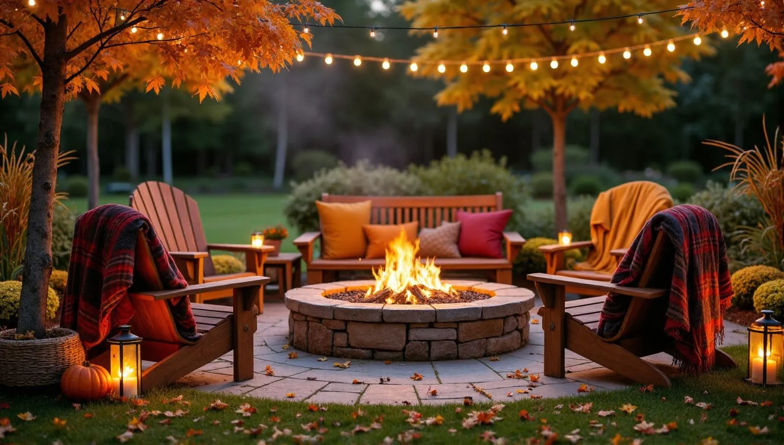 Cozy fall backyard with lanterns and blankets
