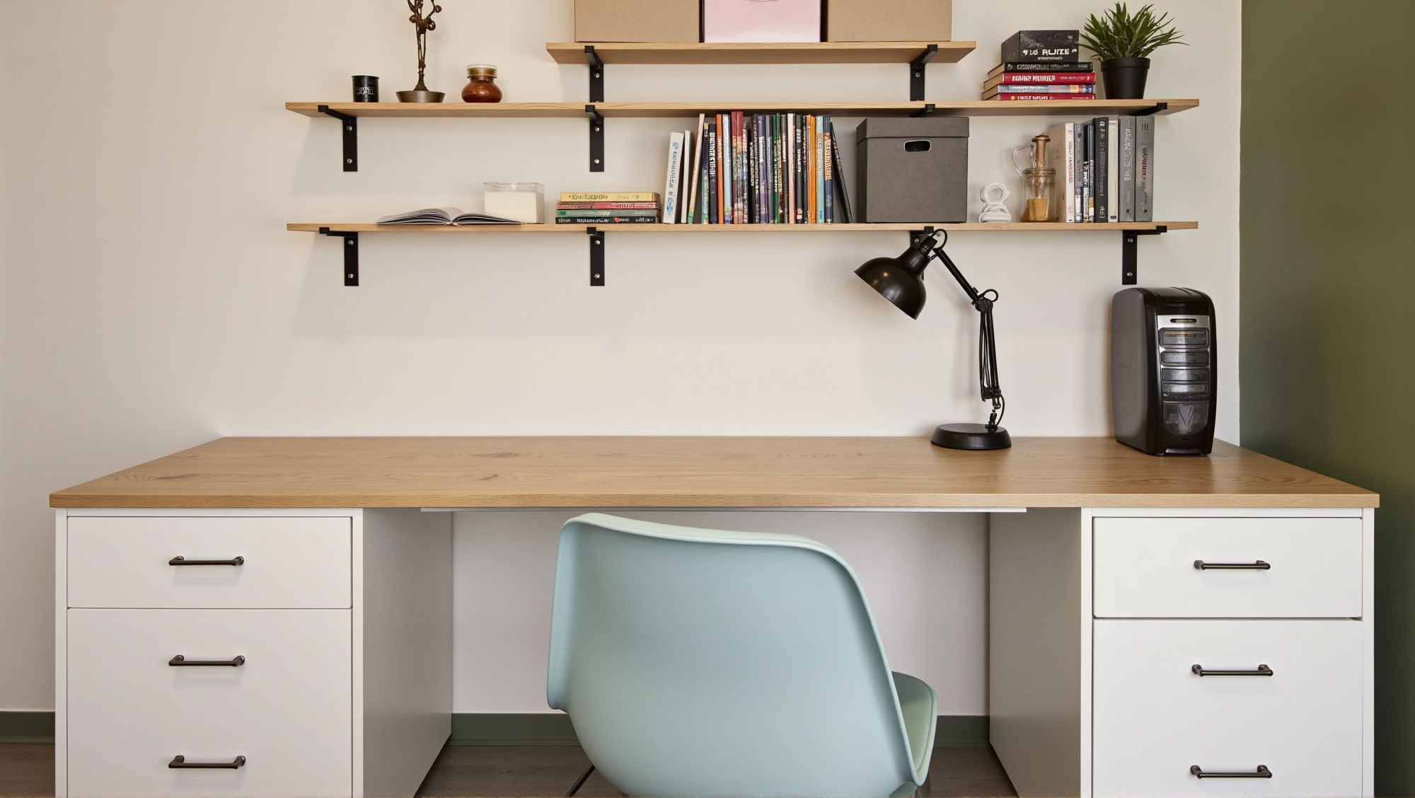 Affordable study room storage with wall shelves