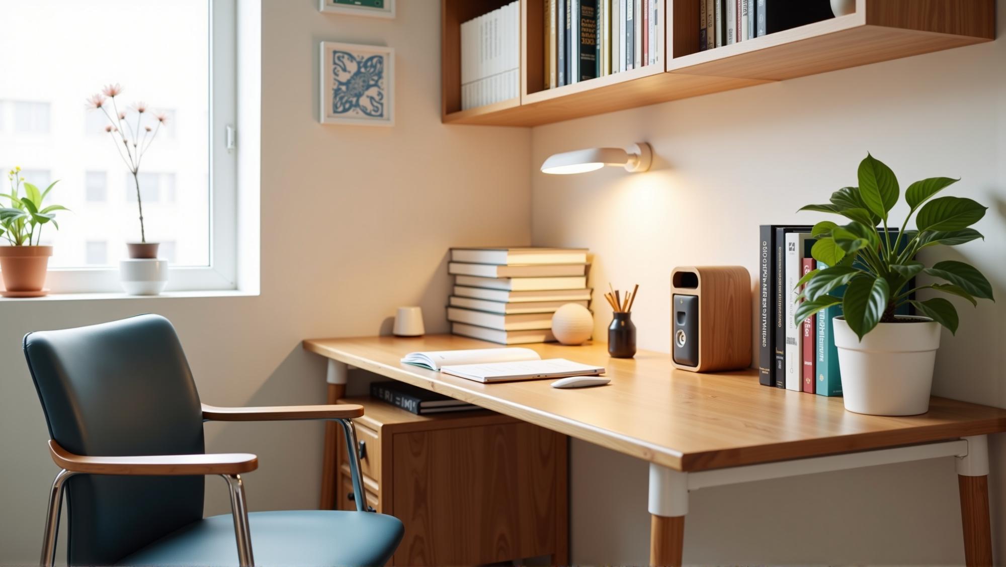 Indoor plants on desk in small study room