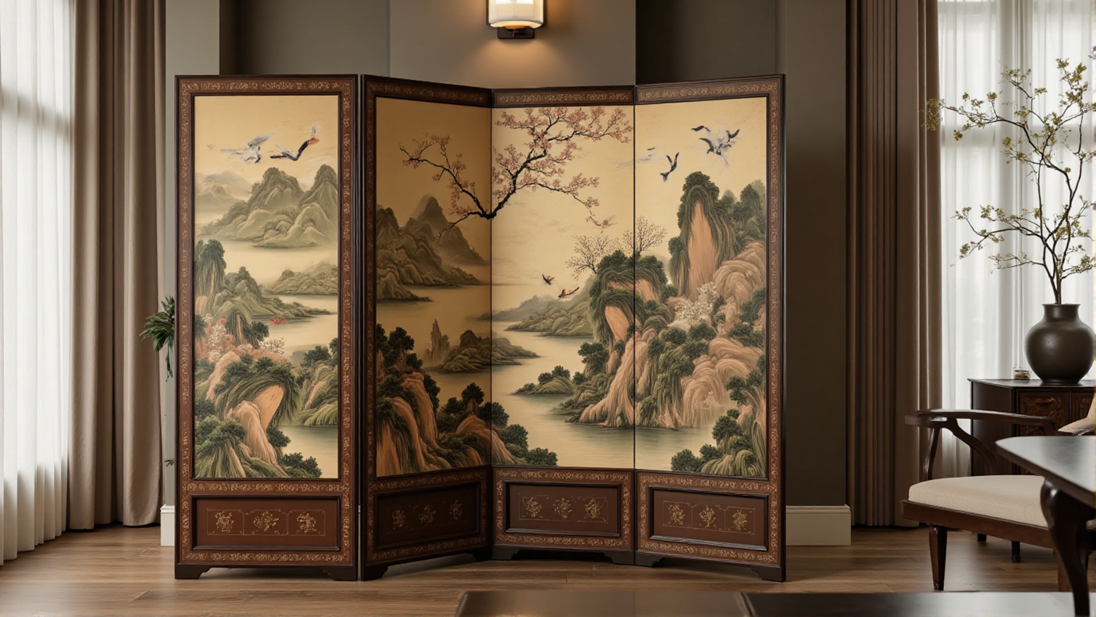 Antique Chinese folding screen with intricate hand-painted details