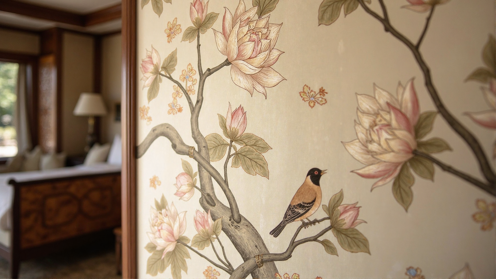 Chinoiserie floral wallpaper with birds and branches