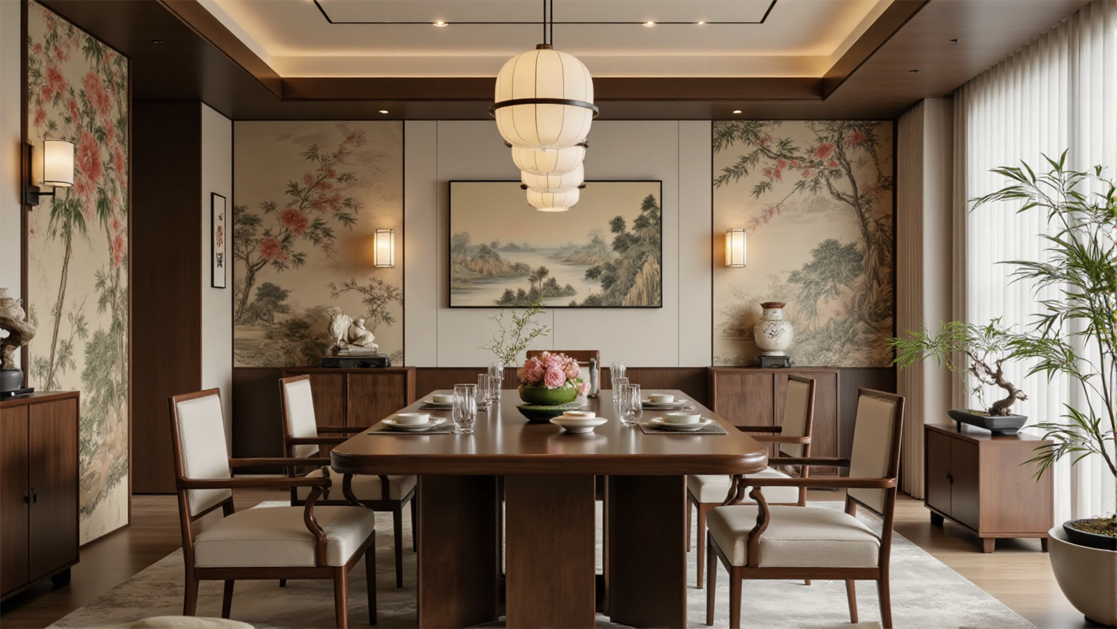 Chinoiserie dining room with matching porcelain tableware