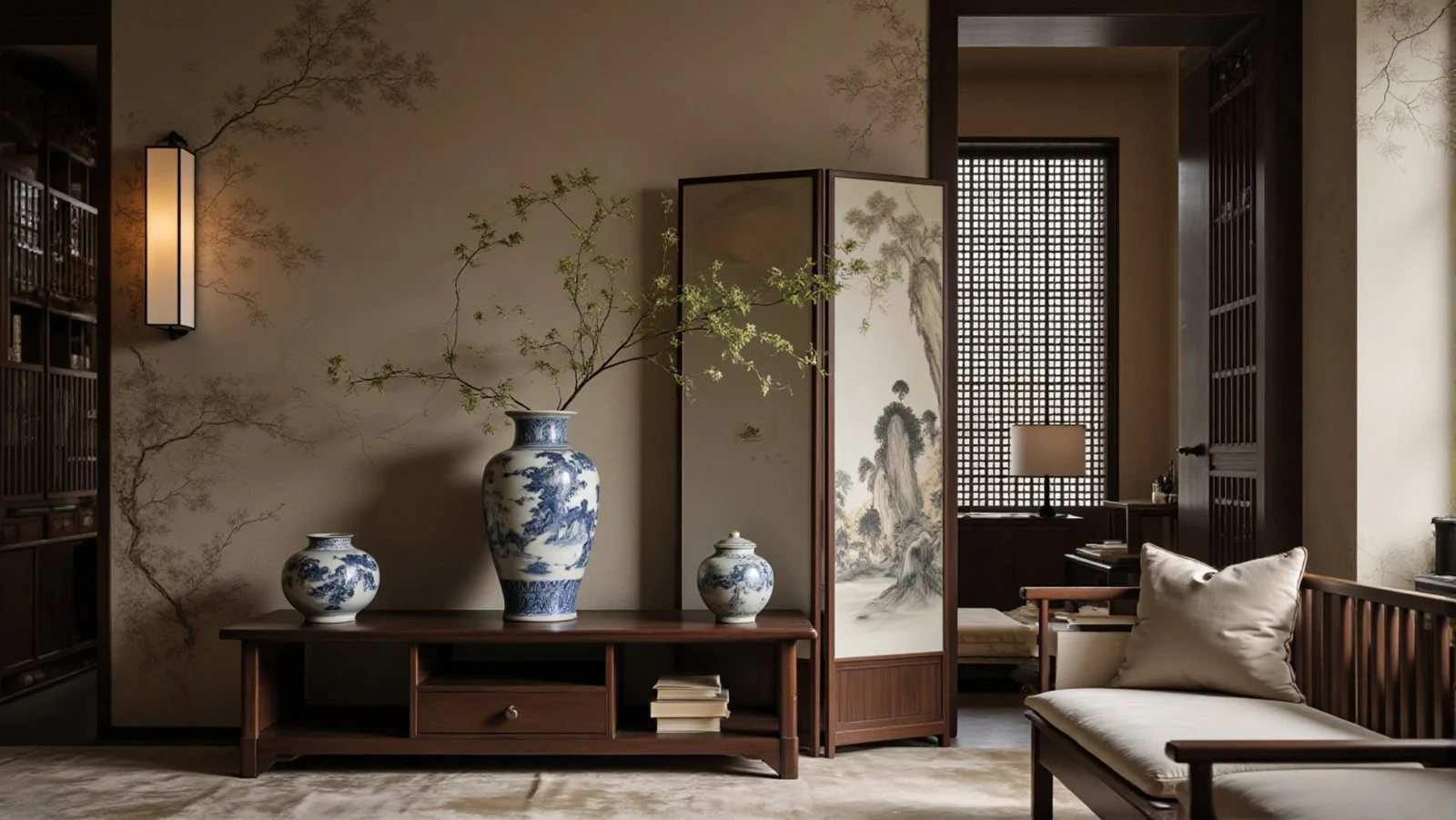Chinoiserie interior design with blue and white porcelain accents