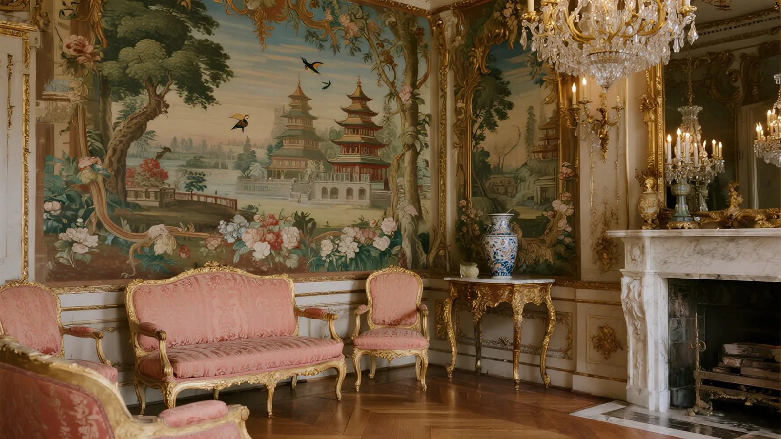 18th-century European room featuring Chinoiserie wall murals