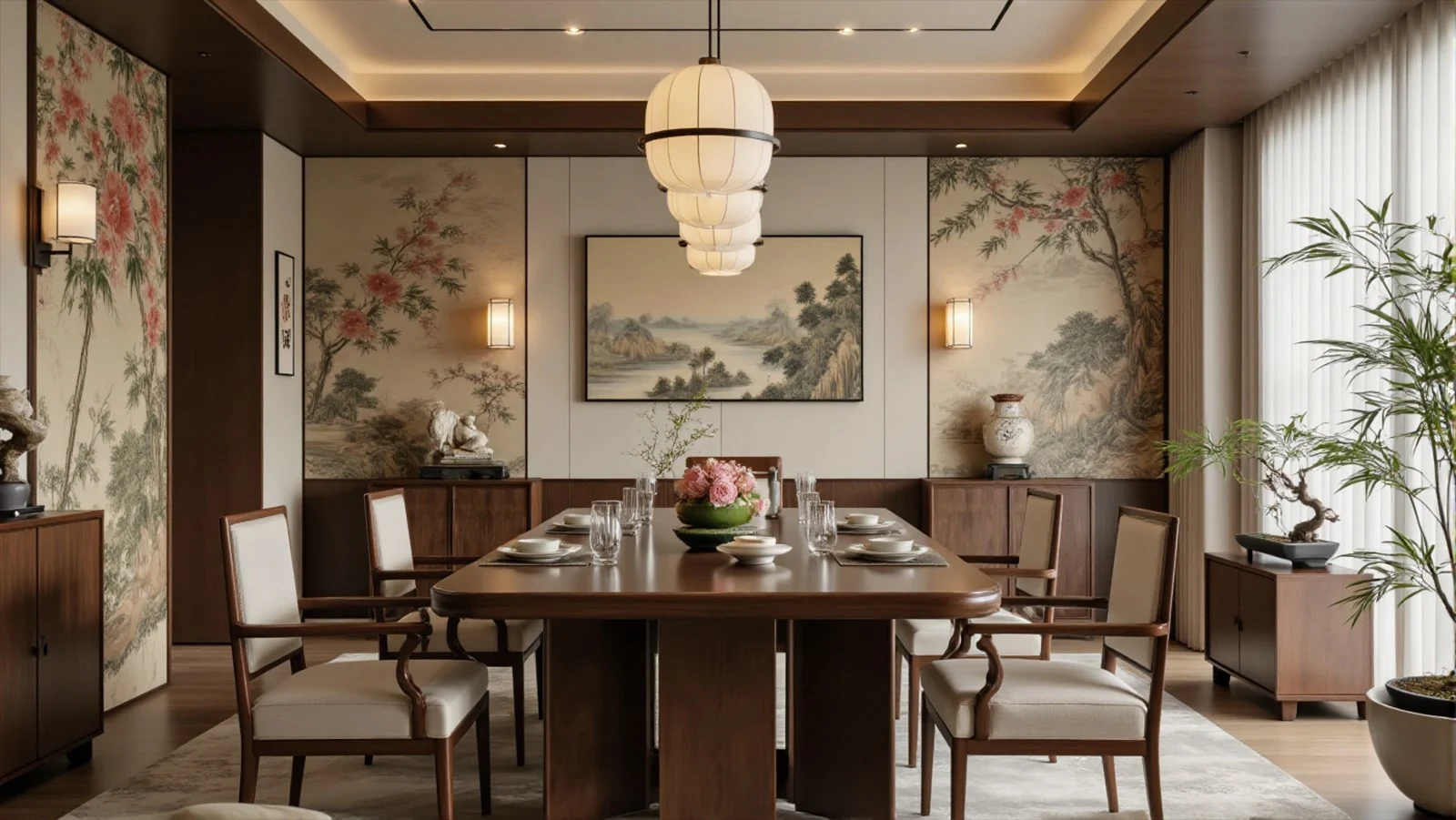 Chinoiserie dining room with matching porcelain tableware