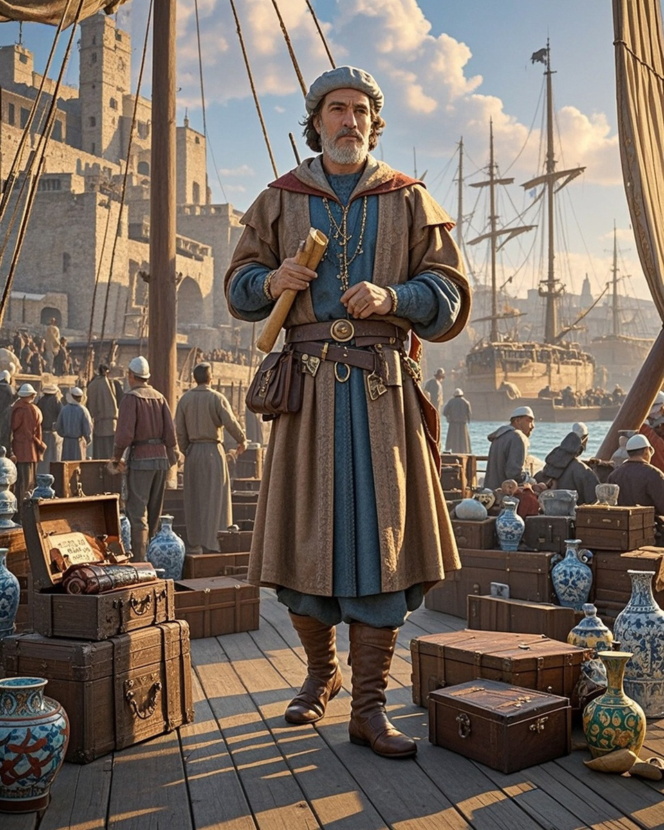 Marco Polo returns from China with silk and porcelain