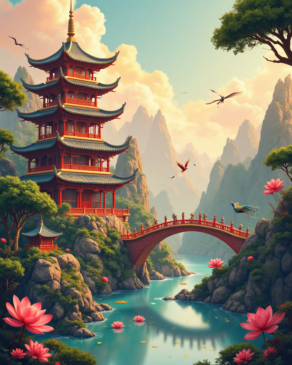 Western fantasy landscape with dragons and pagodas