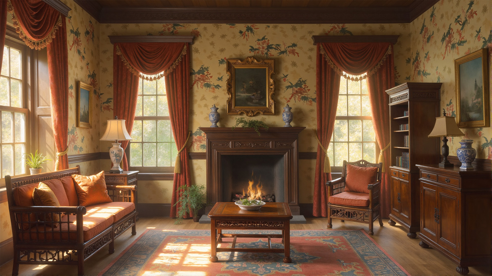 Victorian parlor with bamboo furniture and oriental wallpaper