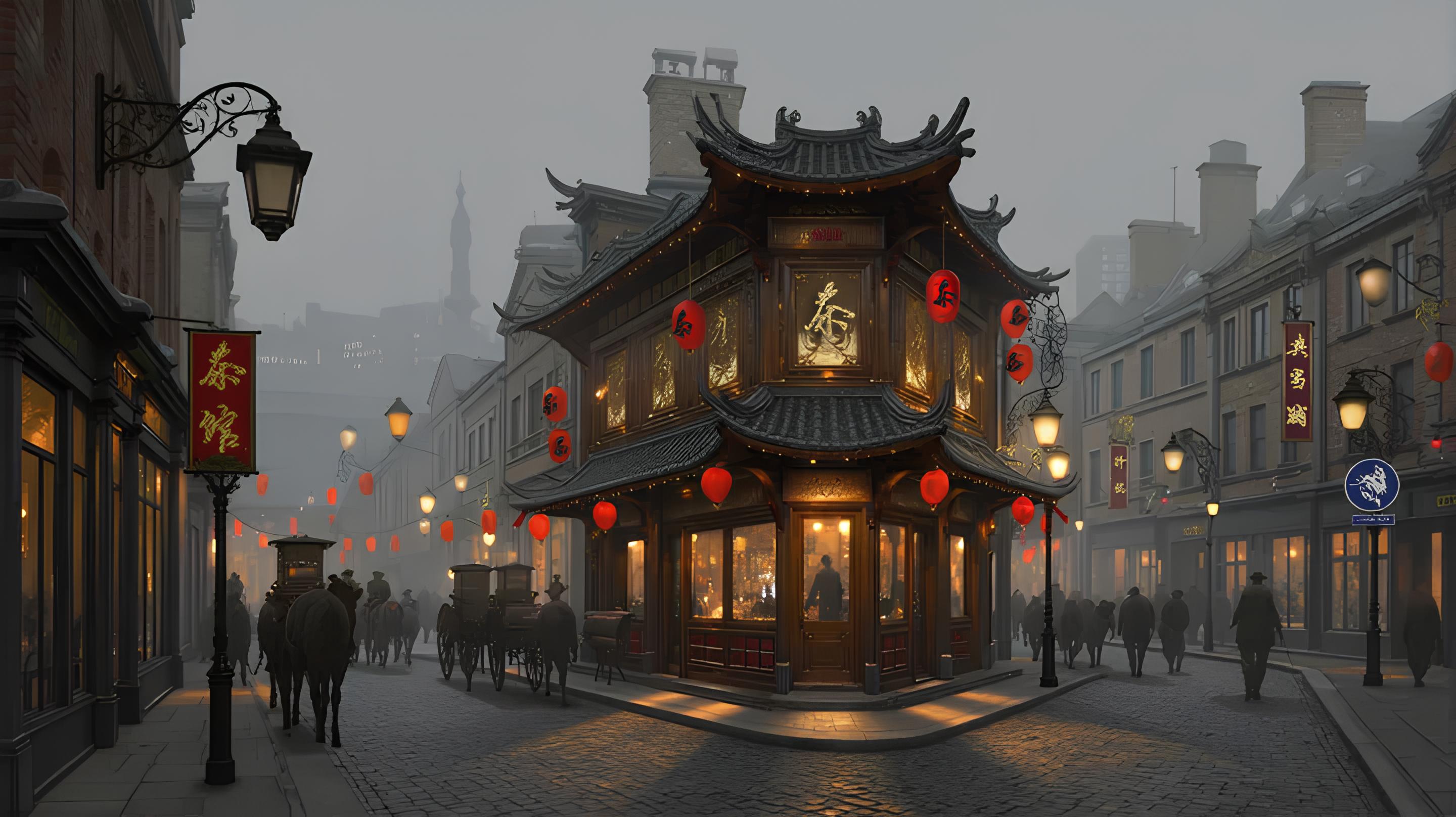 Teahouse with curved roof and red lanterns in 19th-century England