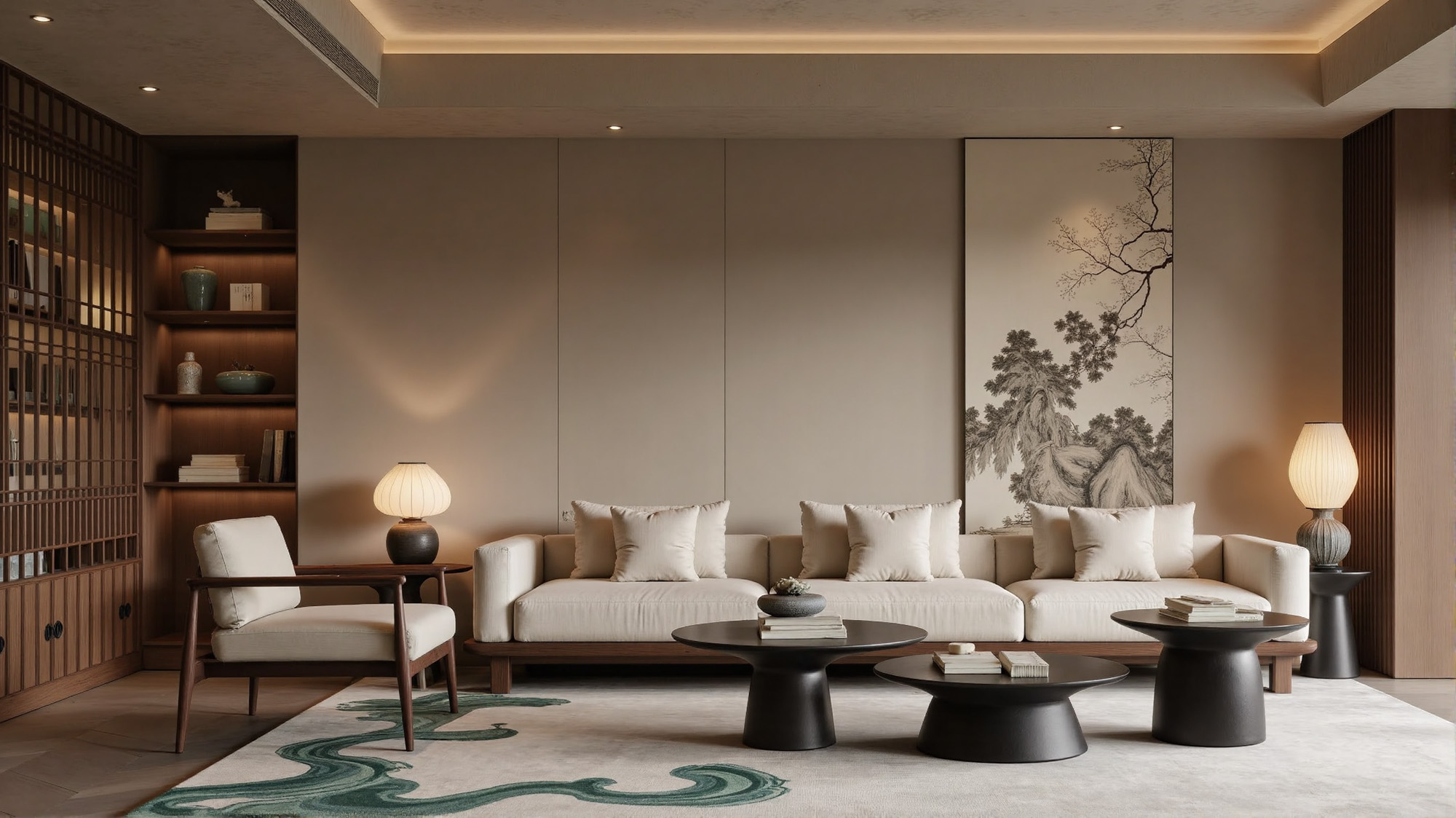 Neo-Chinoiserie living room with Ming-style chairs and minimalist decor