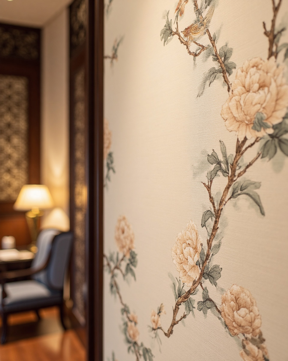 Hand-painted silk wallpaper in a luxury hotel suite