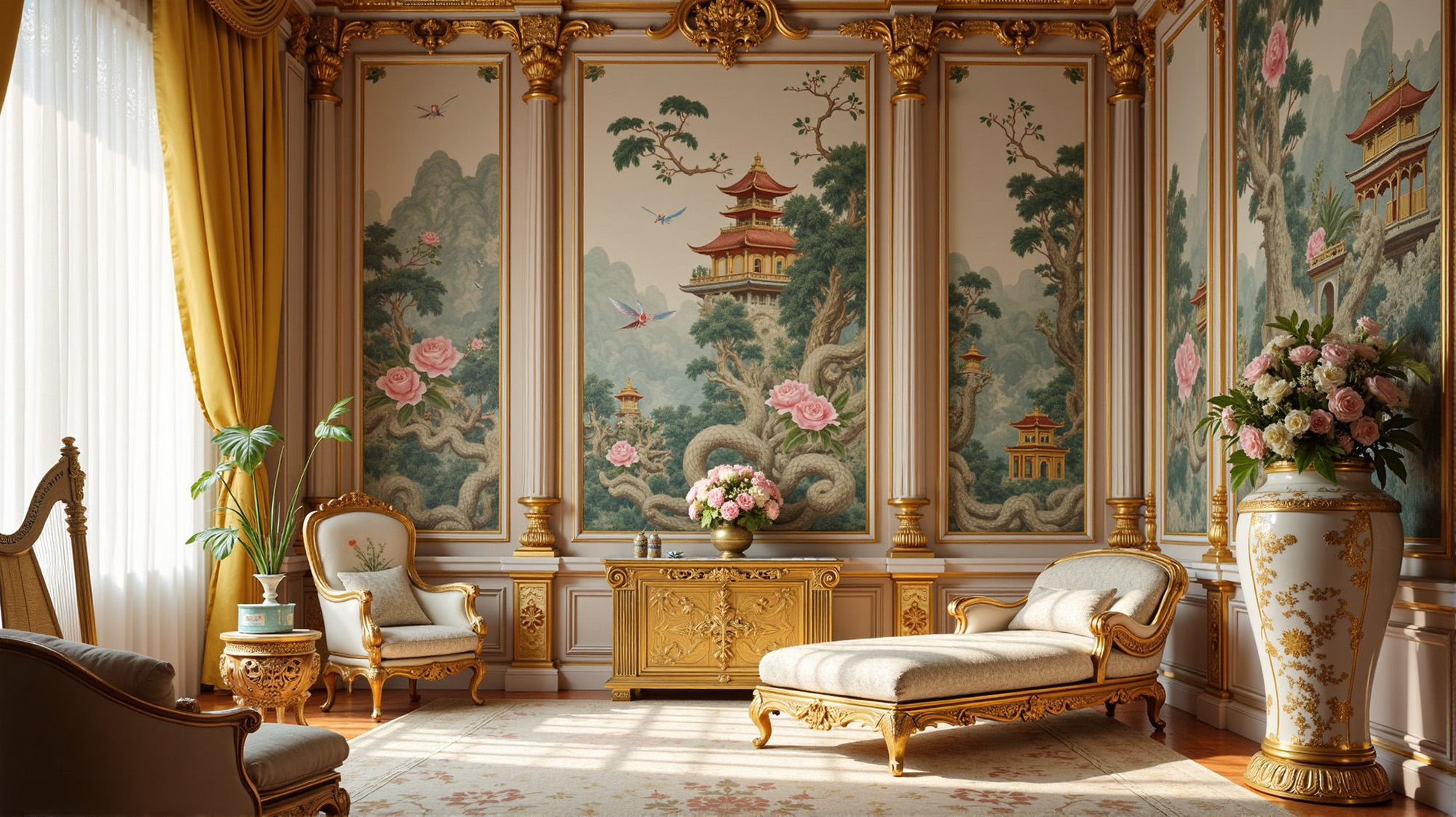 French Rococo room decorated with Chinoiserie elements