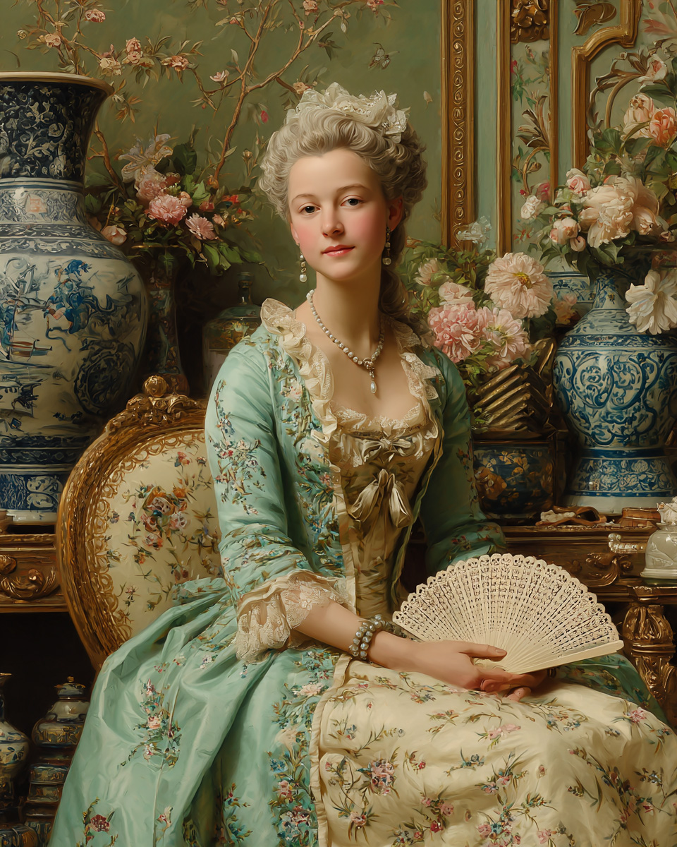 Madame de Pompadour posing with Chinese fan and silk