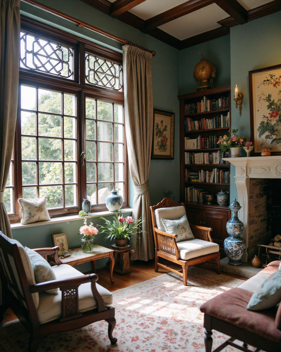 English country home with Chinese lattice windows and decor