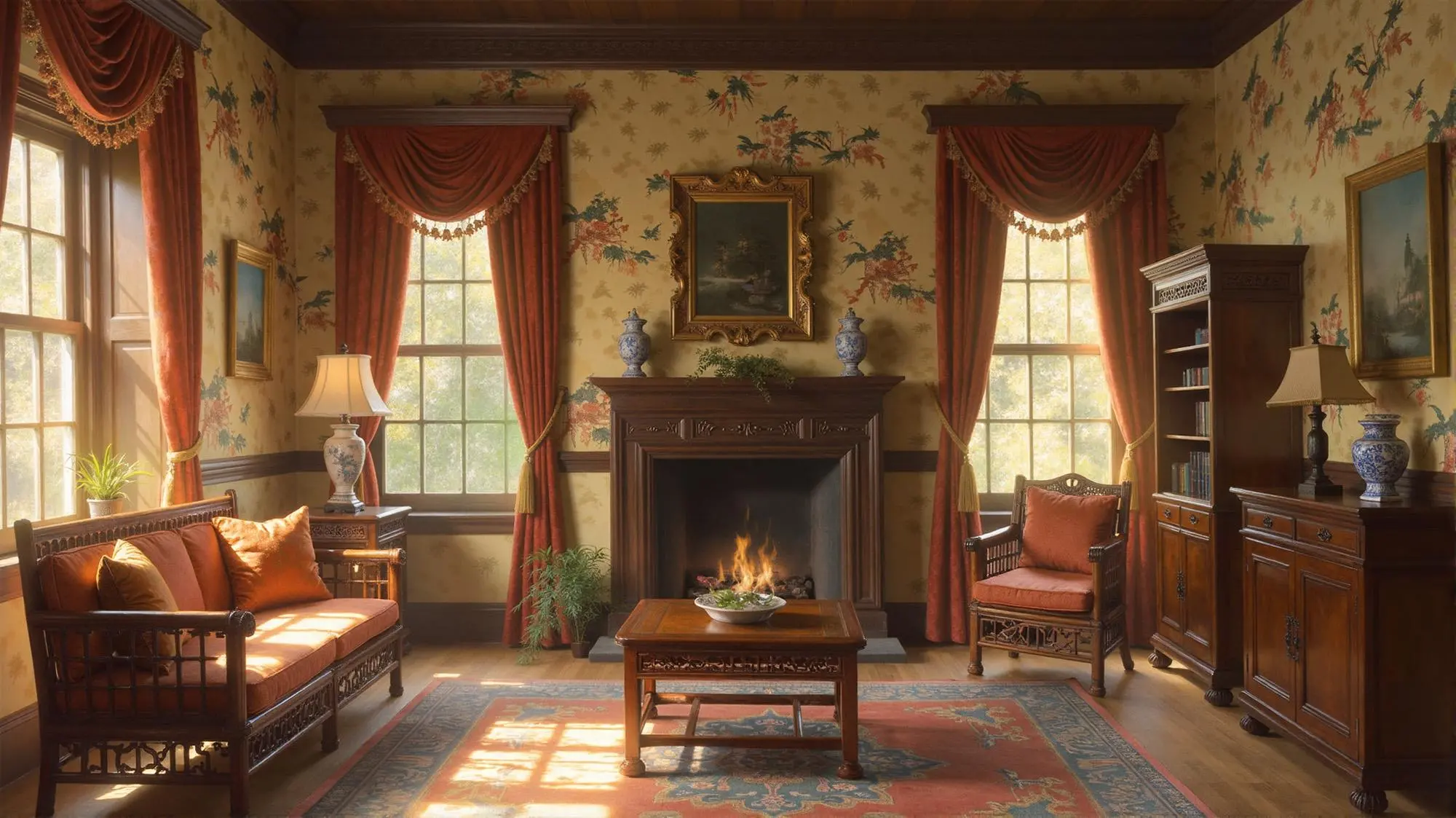 Victorian parlor with bamboo furniture and oriental wallpaper