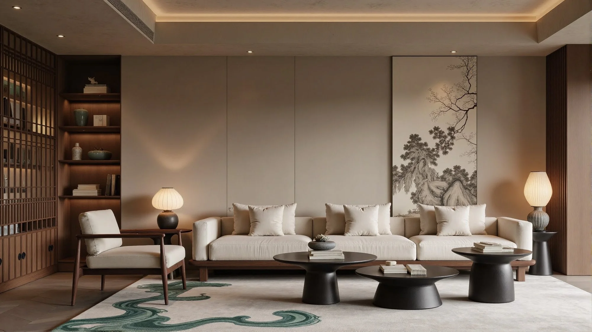 Neo-Chinoiserie living room with Ming-style chairs and minimalist decor