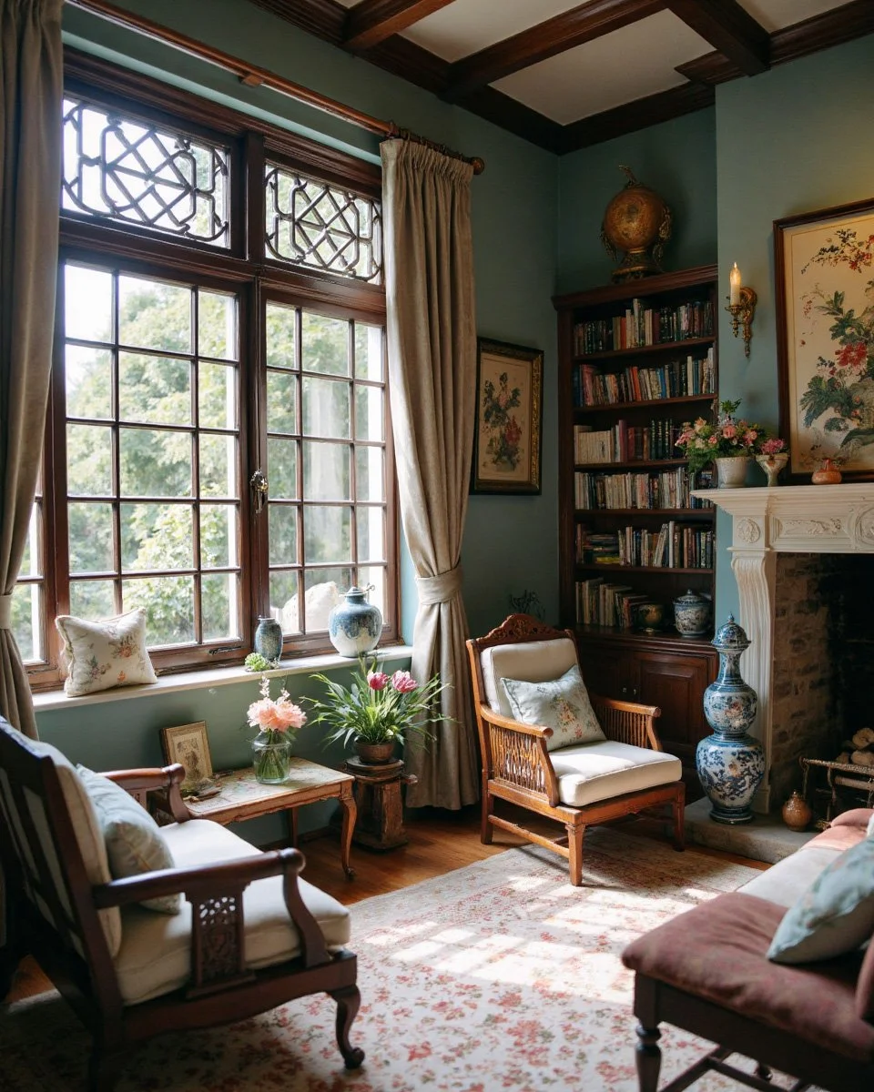 English country home with Chinese lattice windows and decor
