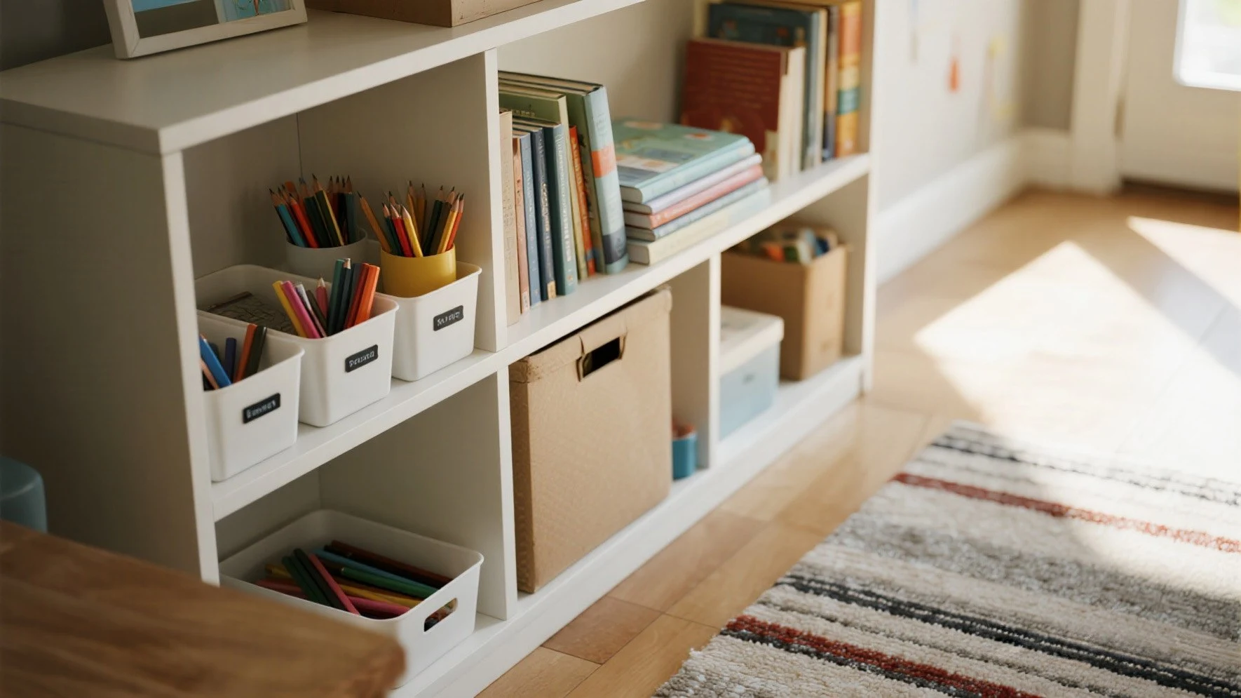 Organized kids study room with labeled storage bins